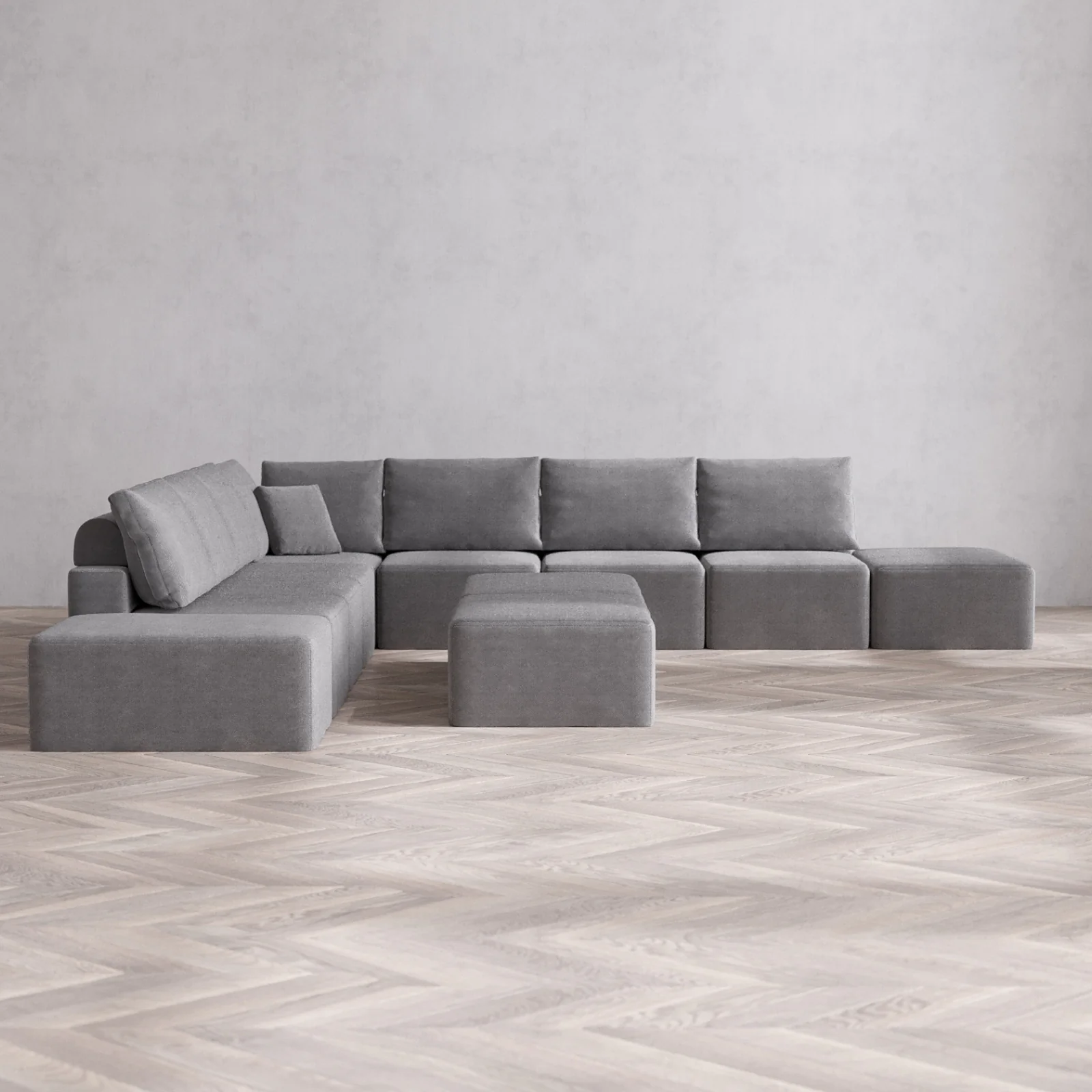Modular Washable 9-Seater Open-Ends Corner Sectional + Chaise Ottoman Bench Cloud + Bolster Sofa | Lux Weave in Slate