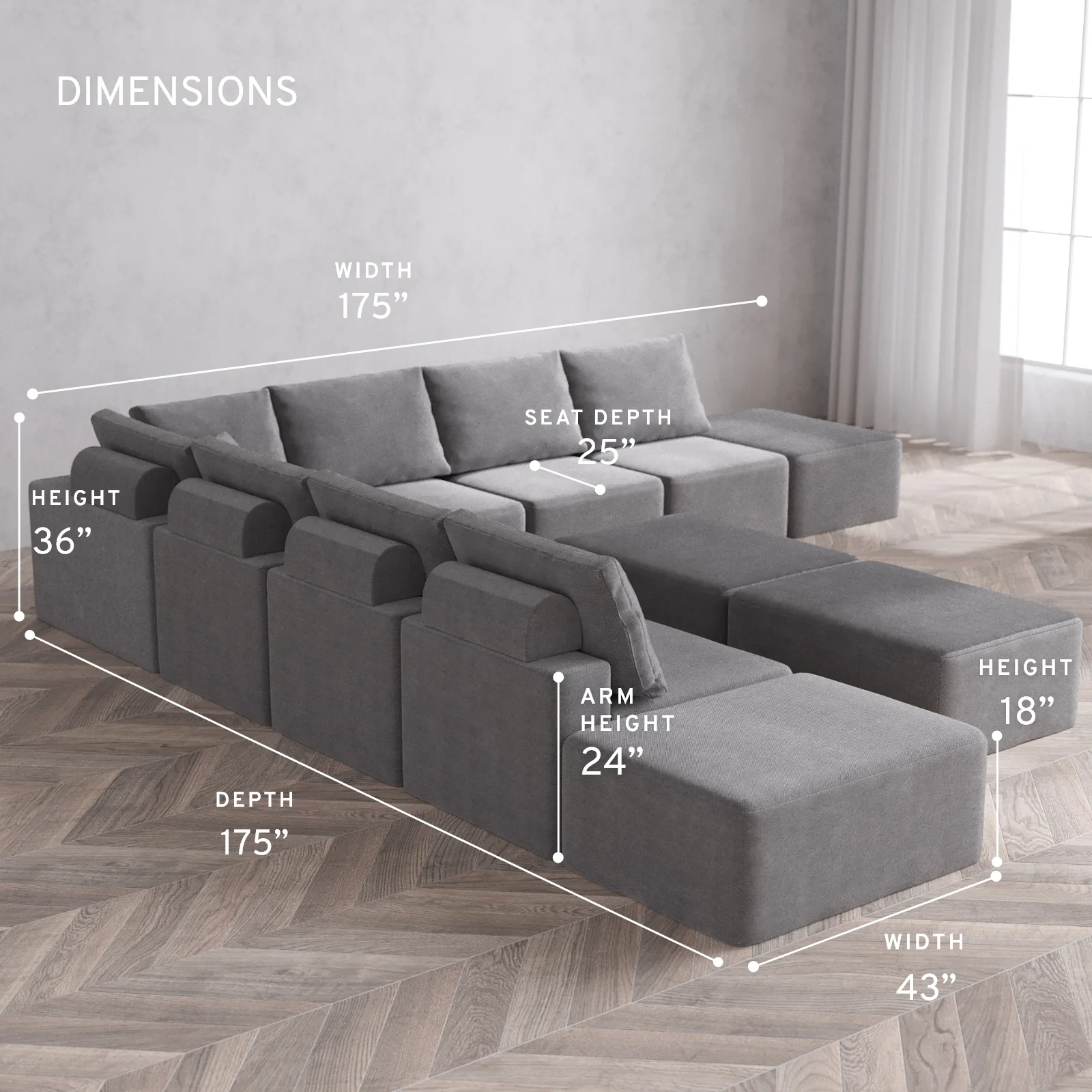 Modular Washable 9-Seater Open-Ends Corner Sectional + Chaise Ottoman Bench Cloud + Bolster Sofa | Lux Weave in Slate - Image 5
