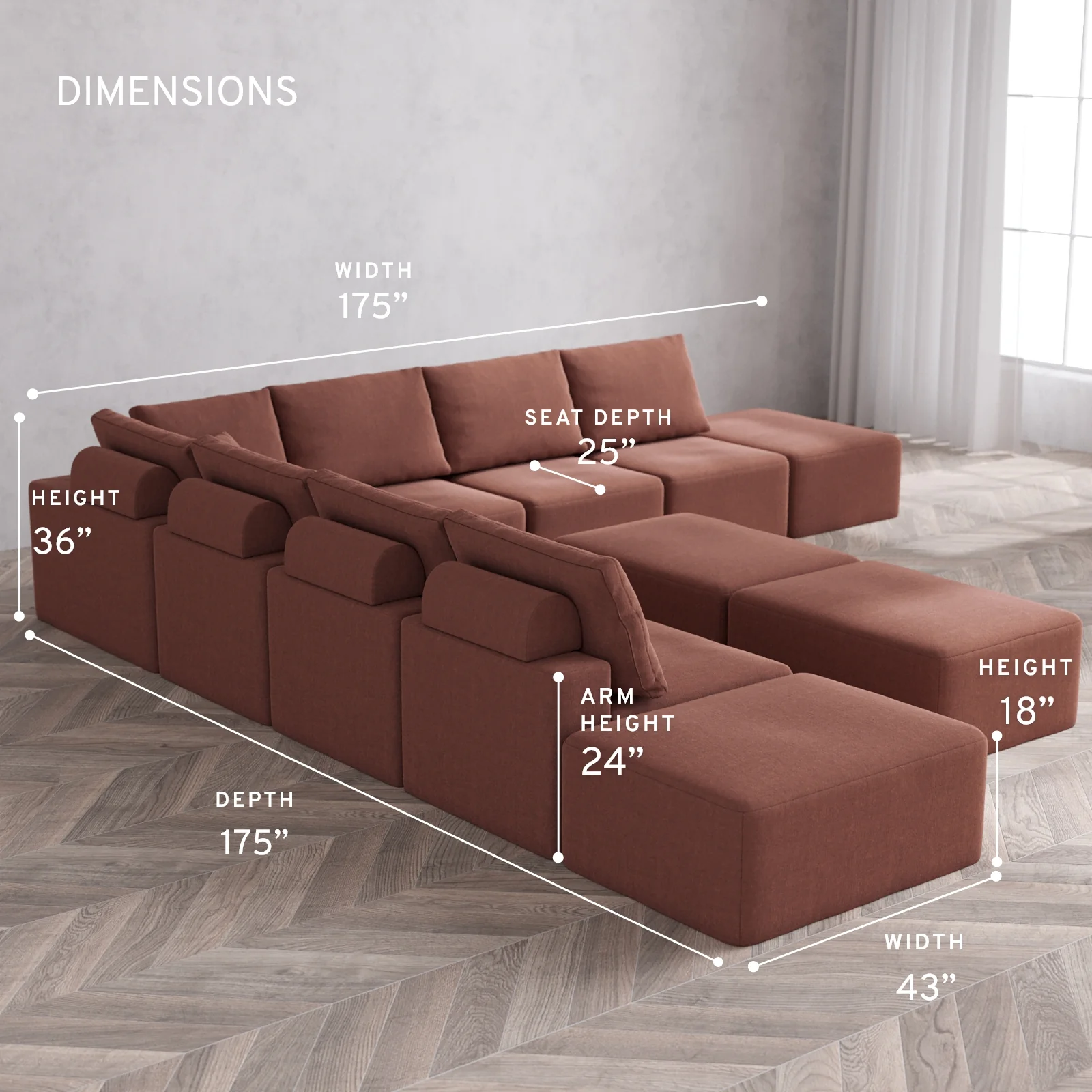 Modular Washable 9-Seater Open-Ends Corner Sectional + Chaise Ottoman Bench Cloud + Bolster Sofa | Heirloom Velvet in Sumac - Image 5