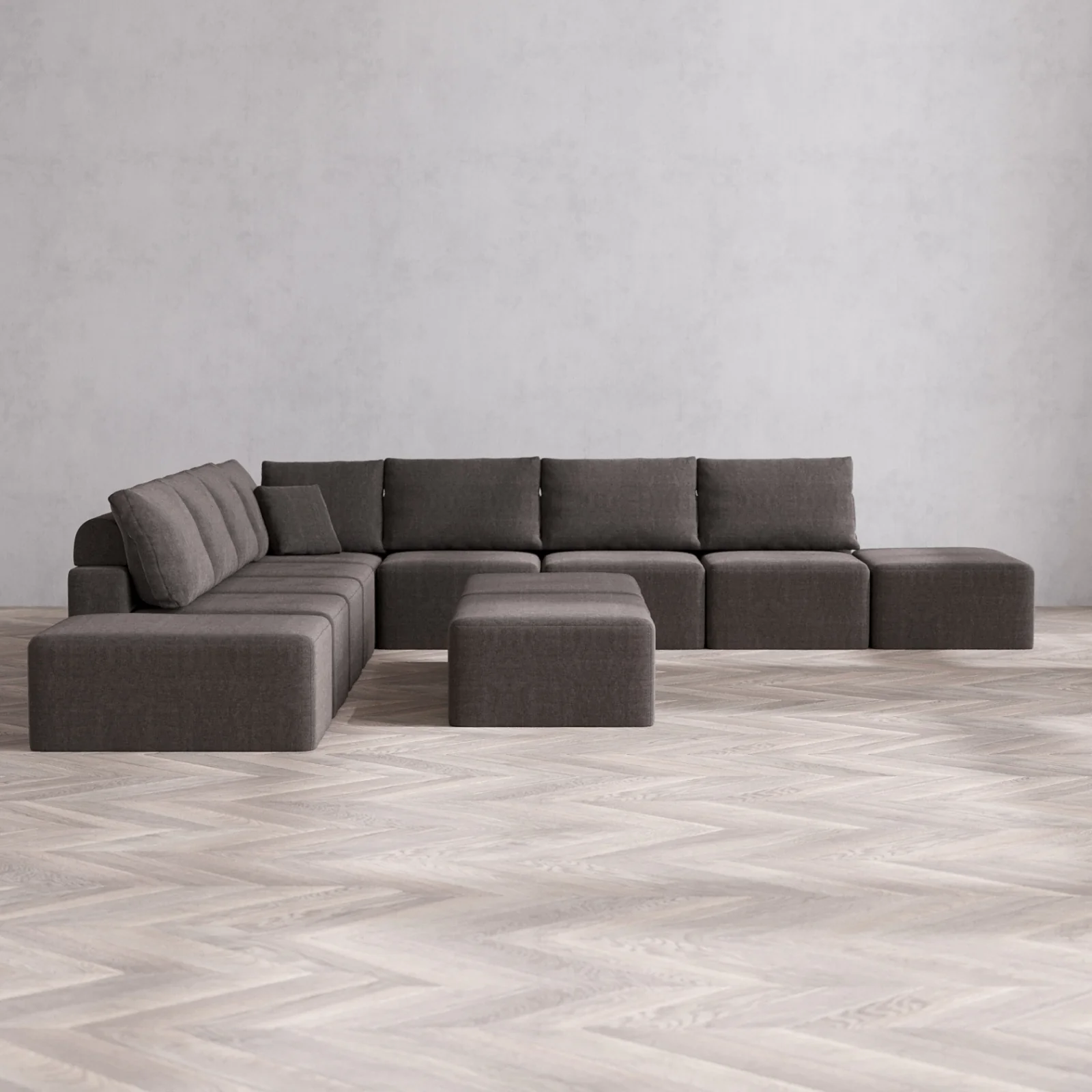 Modular Washable 9-Seater Open-Ends Corner Sectional + Chaise Ottoman Bench Cloud + Bolster Sofa | Heirloom Velvet in Truffle