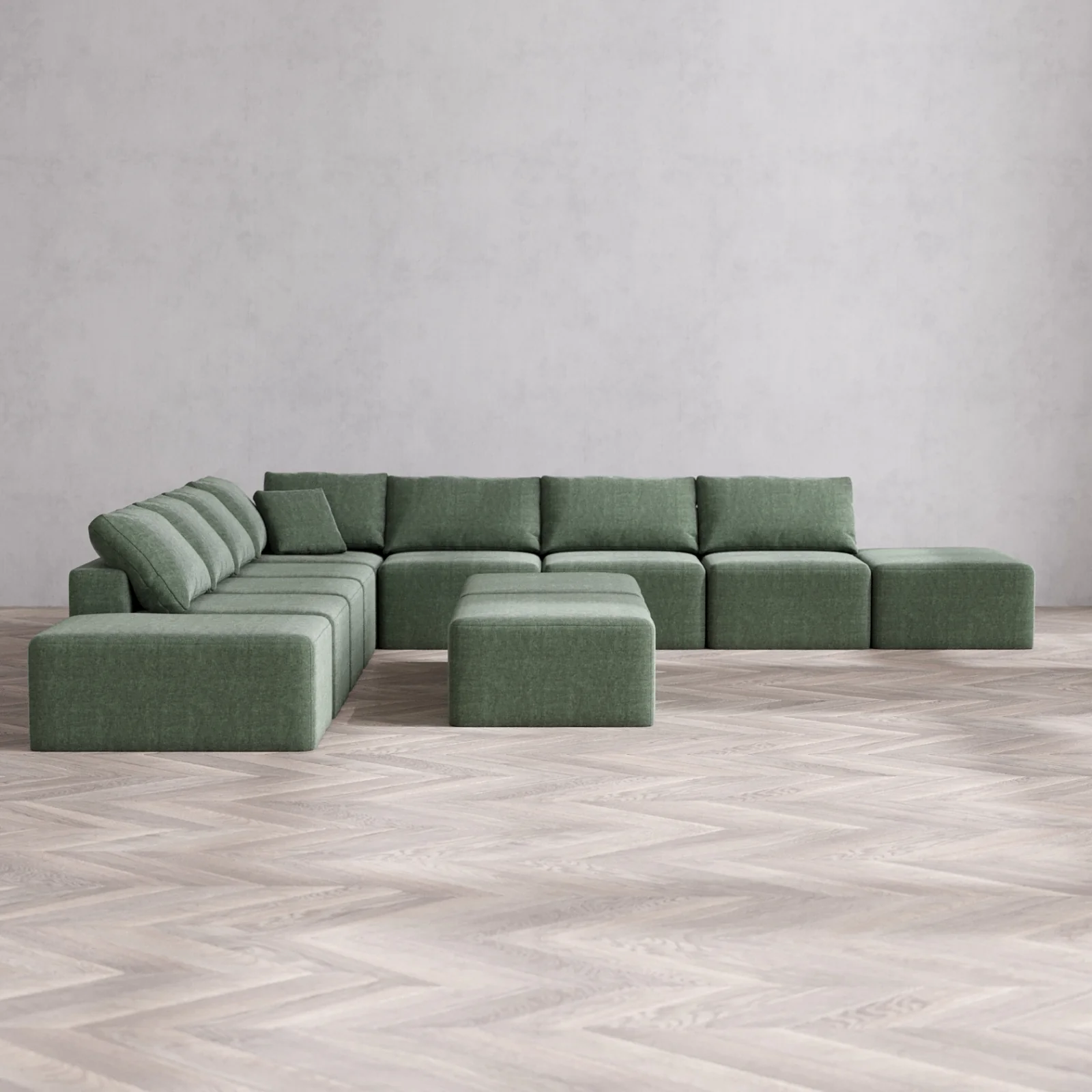 Modular Washable 9-Seater Open-Ends Corner Sectional + Chaise Ottoman Bench Cloud Sofa | Heirloom Velvet in Sage