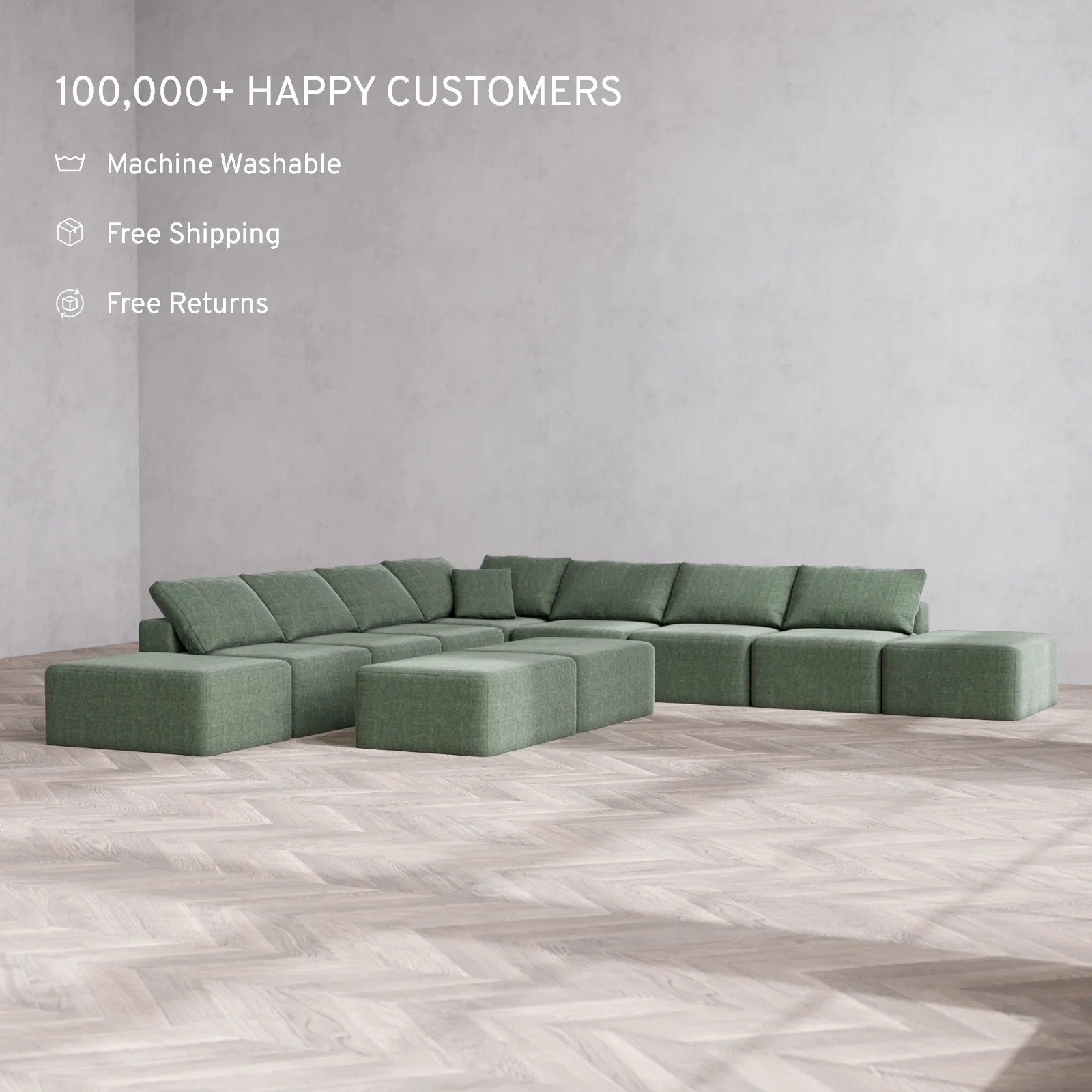 Modular Washable 9-Seater Open-Ends Corner Sectional + Chaise Ottoman Bench Cloud Sofa | Heirloom Velvet in Sage - Image 2