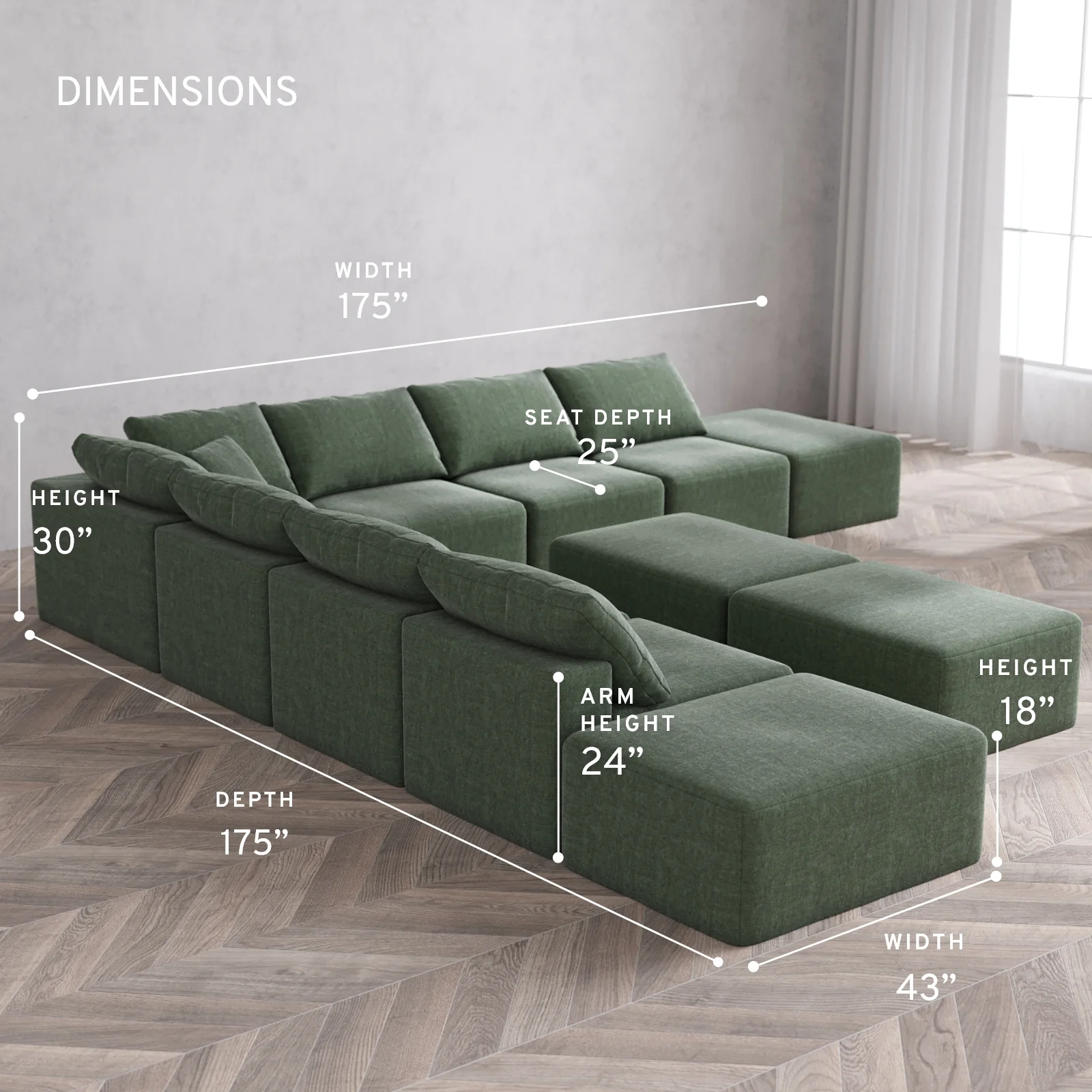 Modular Washable 9-Seater Open-Ends Corner Sectional + Chaise Ottoman Bench Cloud Sofa | Heirloom Velvet in Sage - Image 5