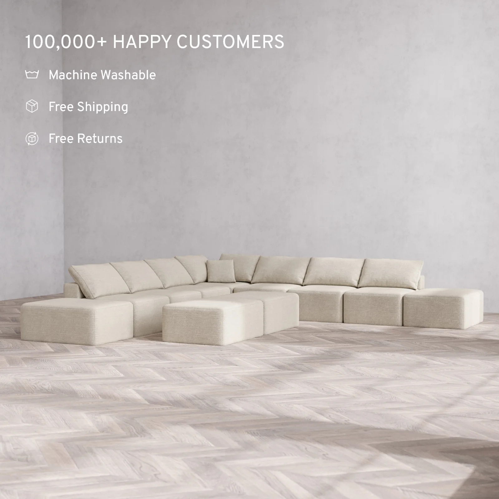 Modular Washable 9-Seater Open-Ends Corner Sectional + Chaise Ottoman Bench Cloud Sofa | Plush Twill in Sandstone - Image 2