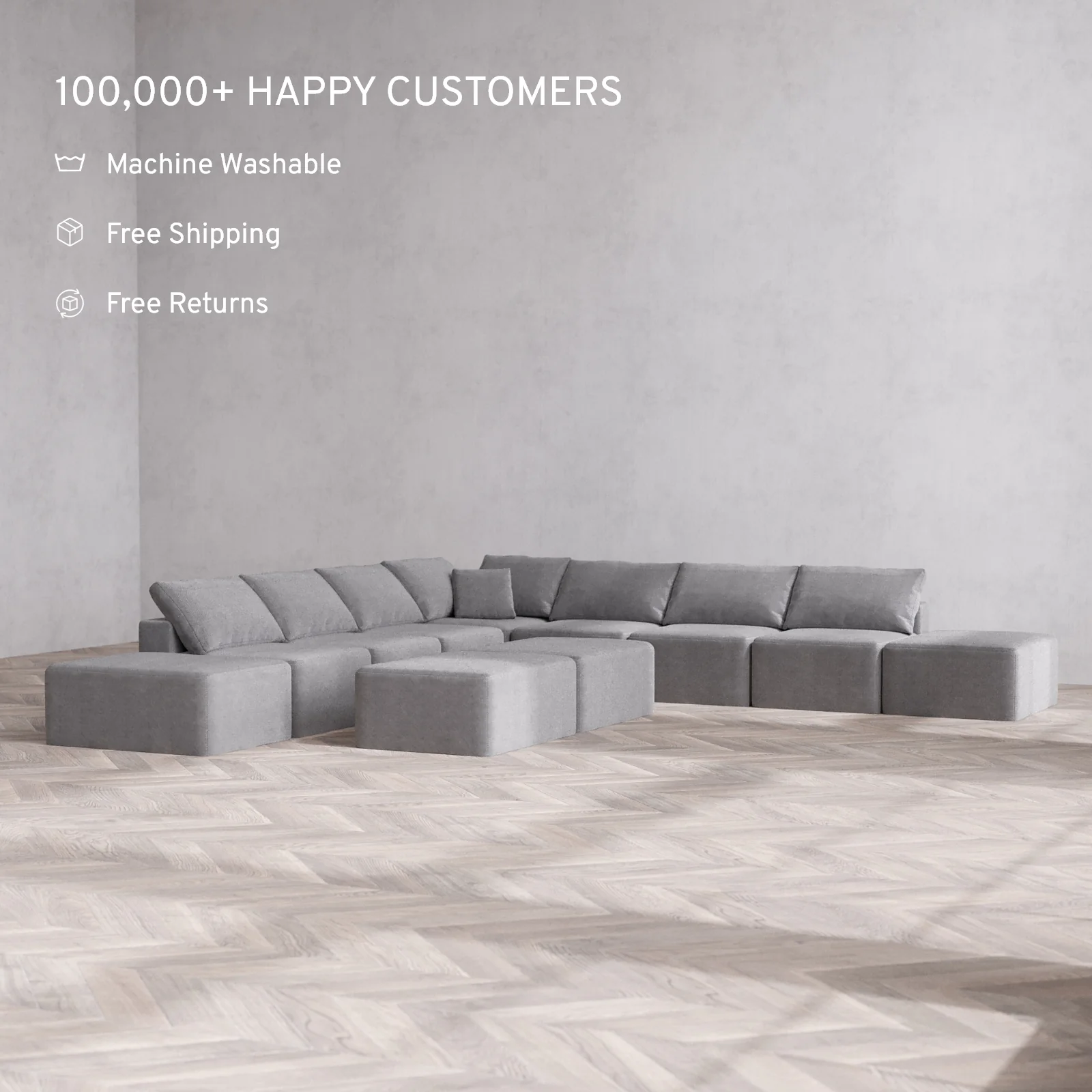 Modular Washable 9-Seater Open-Ends Corner Sectional + Chaise Ottoman Bench Cloud Sofa | Lux Weave in Slate - Image 2
