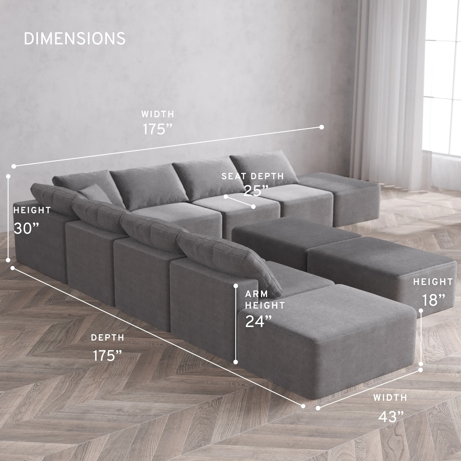 Modular Washable 9-Seater Open-Ends Corner Sectional + Chaise Ottoman Bench Cloud Sofa | Lux Weave in Slate - Image 5