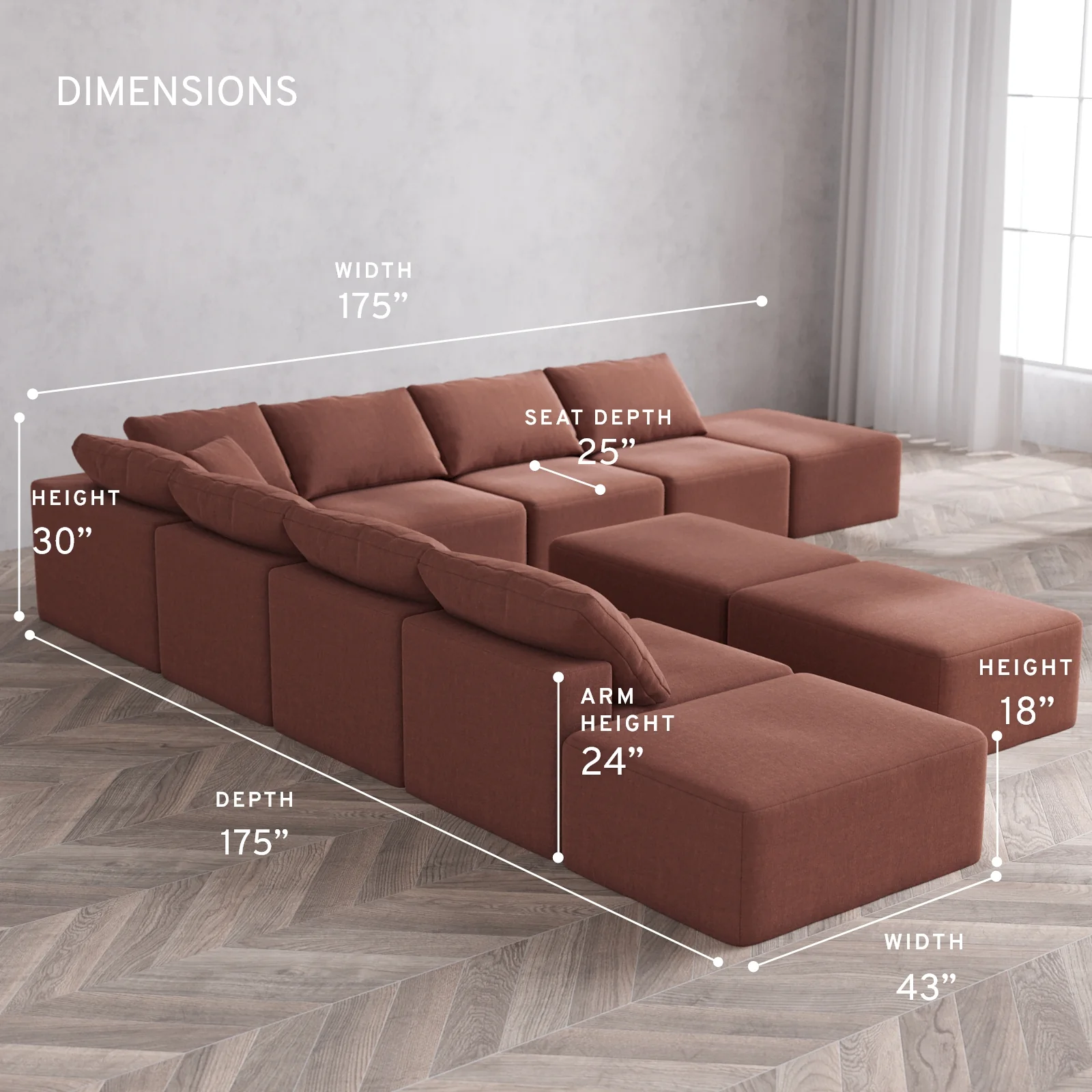 Modular Washable 9-Seater Open-Ends Corner Sectional + Chaise Ottoman Bench Cloud Sofa | Heirloom Velvet in Sumac - Image 5