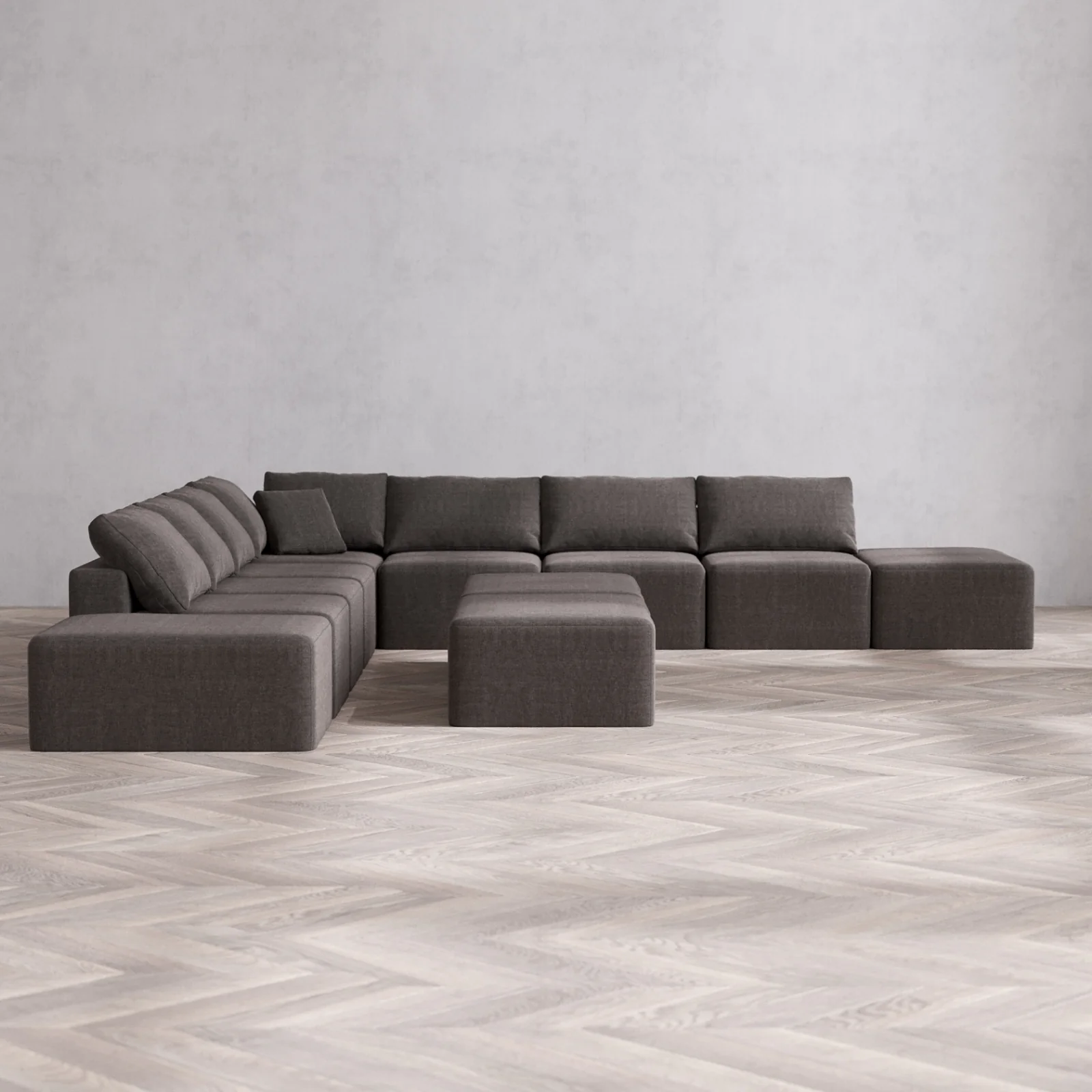 Modular Washable 9-Seater Open-Ends Corner Sectional + Chaise Ottoman Bench Cloud Sofa | Heirloom Velvet in Truffle