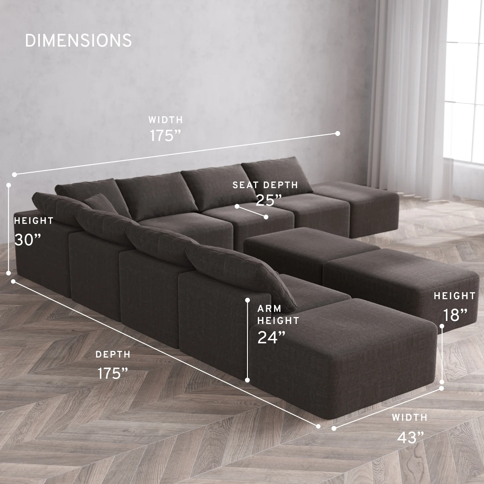 Modular Washable 9-Seater Open-Ends Corner Sectional + Chaise Ottoman Bench Cloud Sofa | Heirloom Velvet in Truffle - Image 5