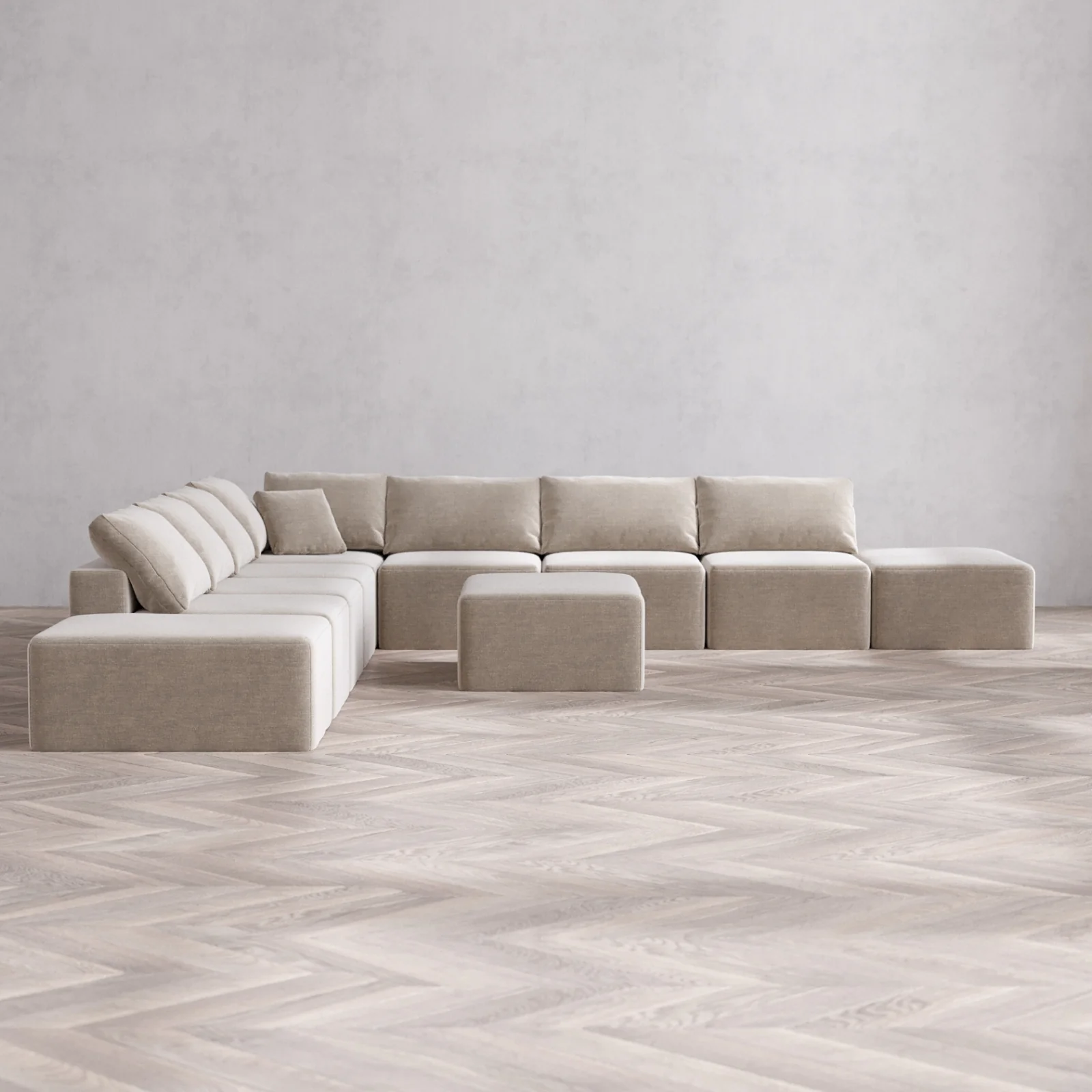 Modular Washable 9-Seater Open-Ends Corner Sectional + Chaise Ottoman Cloud Sofa | Satin Velvet in Caraway