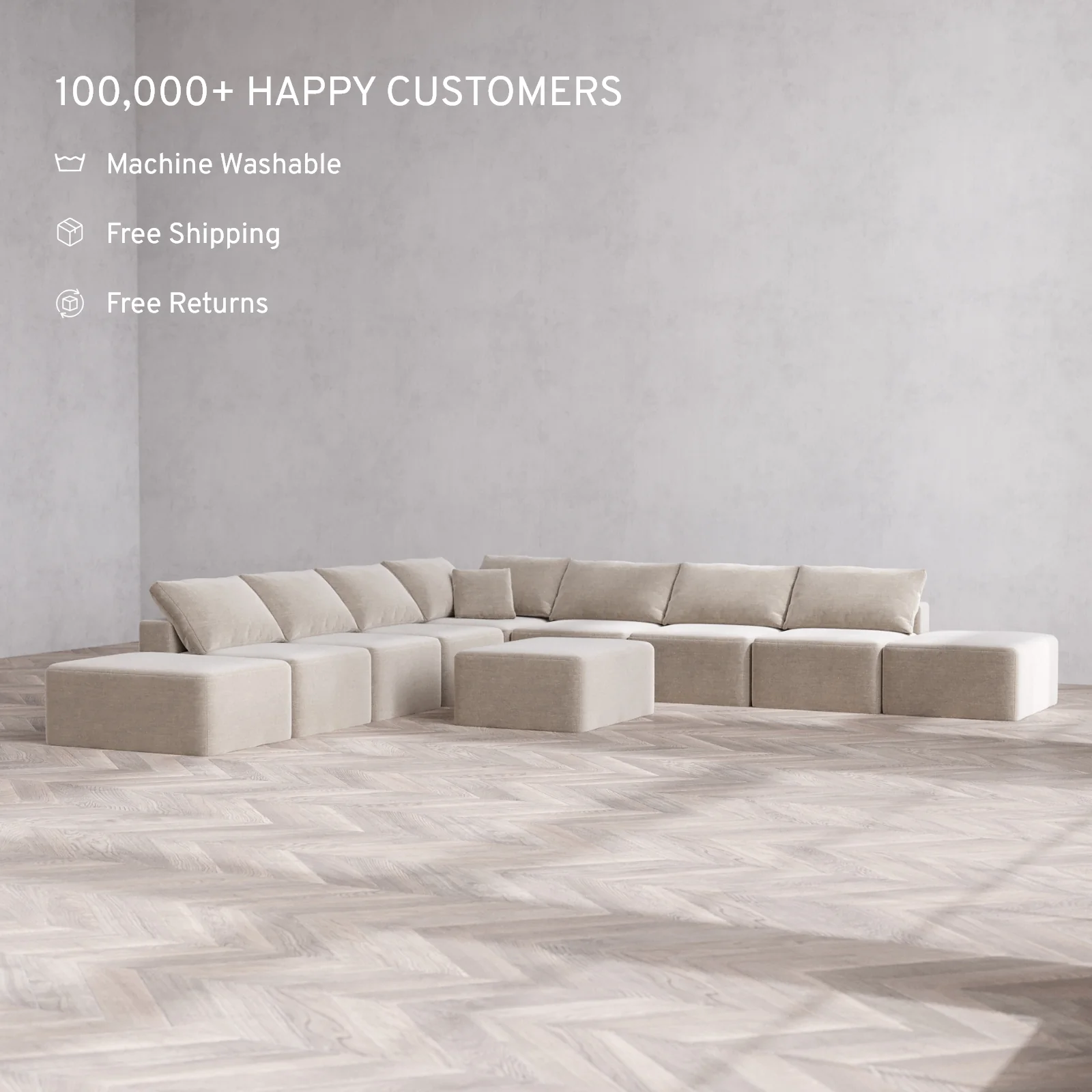 Modular Washable 9-Seater Open-Ends Corner Sectional + Chaise Ottoman Cloud Sofa | Satin Velvet in Caraway - Image 2