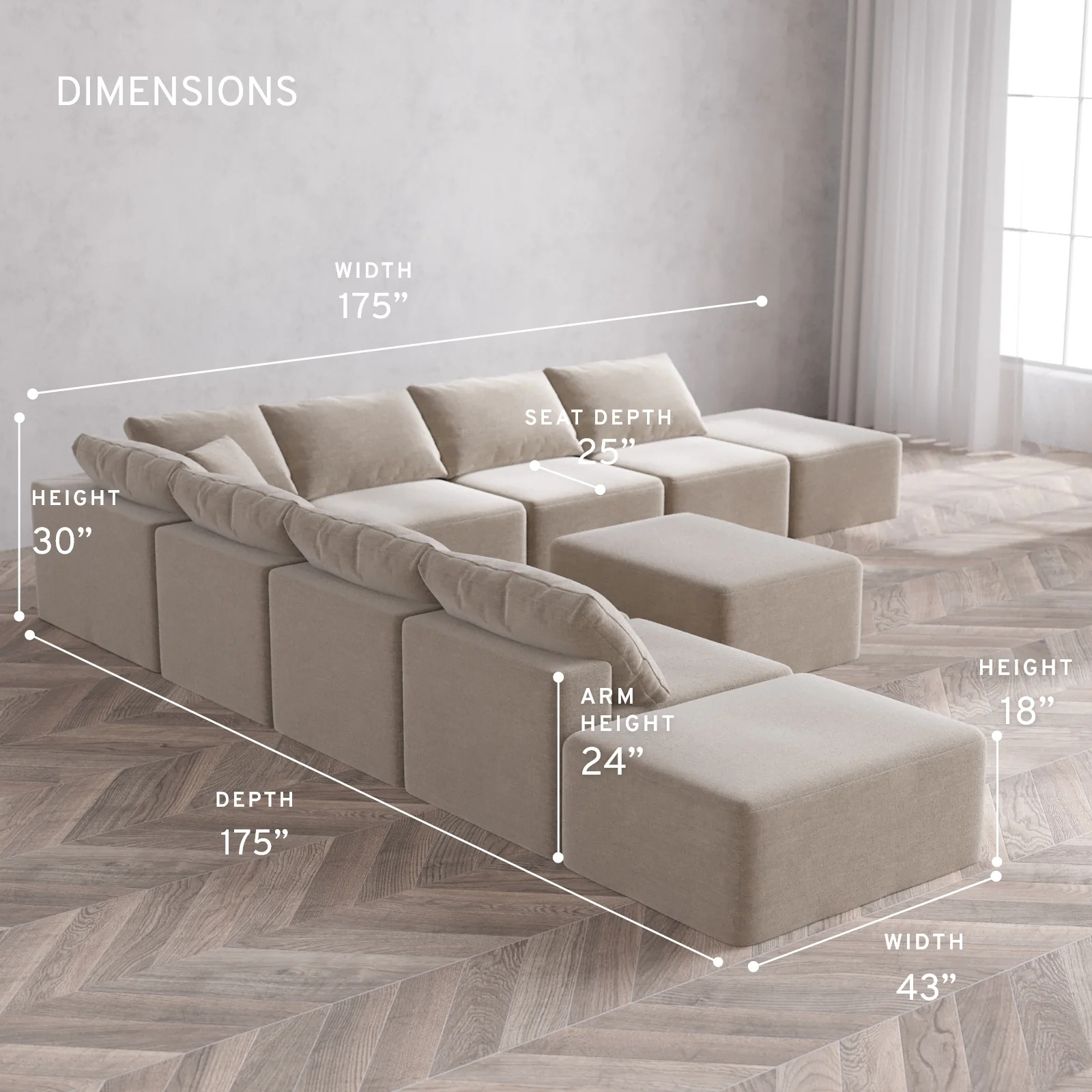 Modular Washable 9-Seater Open-Ends Corner Sectional + Chaise Ottoman Cloud Sofa | Satin Velvet in Caraway - Image 5