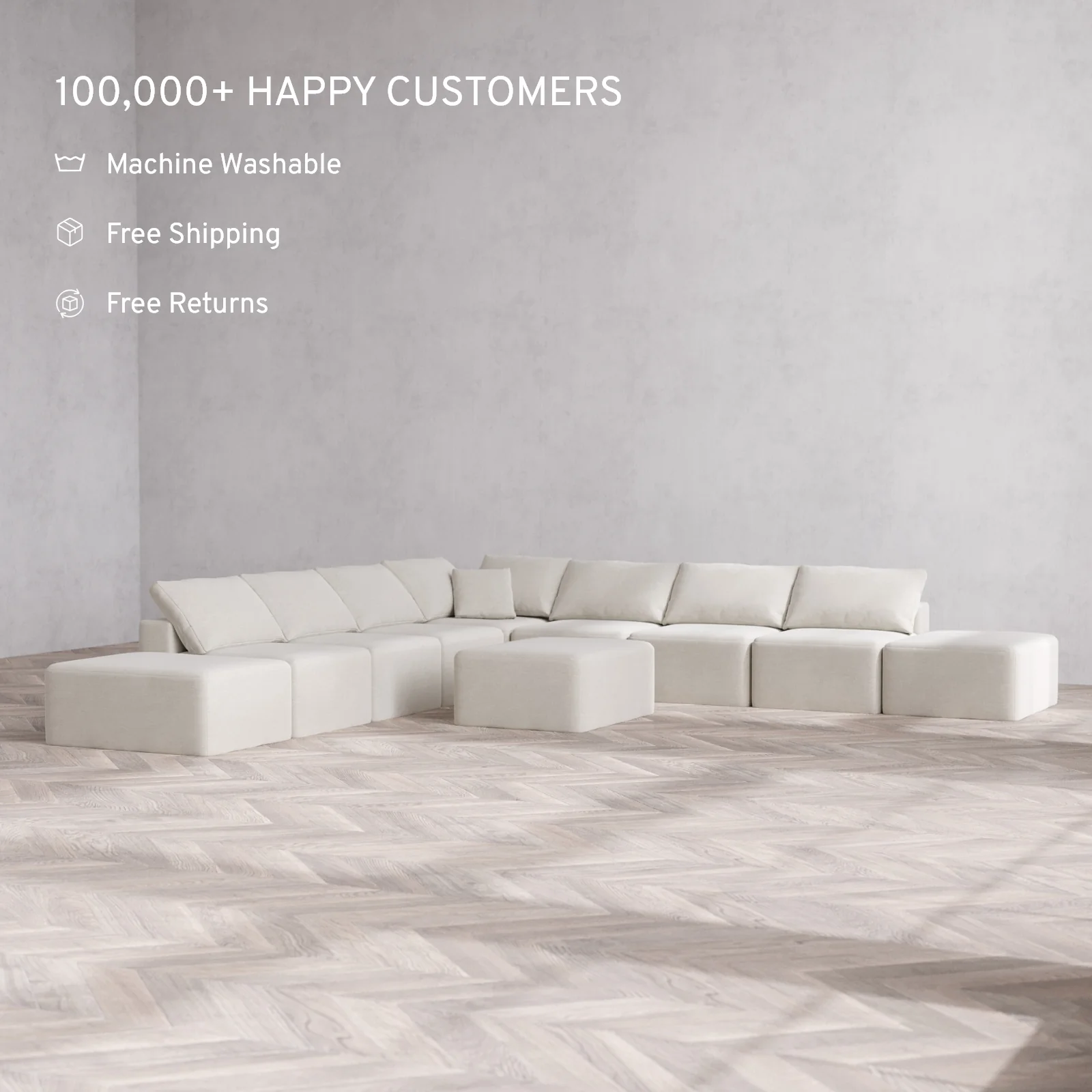 Modular Washable 9-Seater Open-Ends Corner Sectional + Chaise Ottoman Cloud Sofa | Satin Velvet in Cashew - Image 2