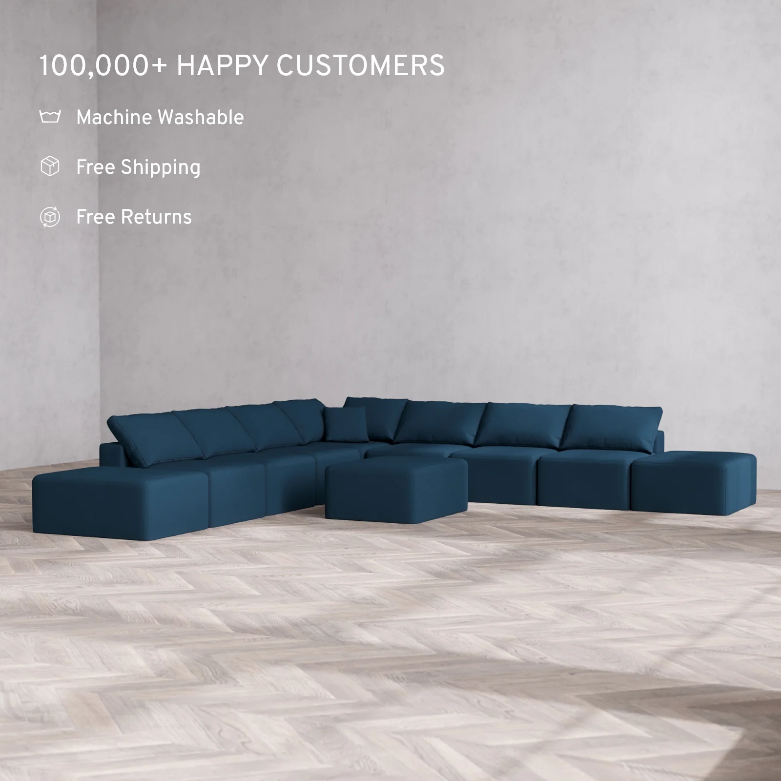 Modular Washable 9-Seater Open-Ends Corner Sectional + Chaise Ottoman Cloud Sofa | Arden Weave in Lazuli - Image 2