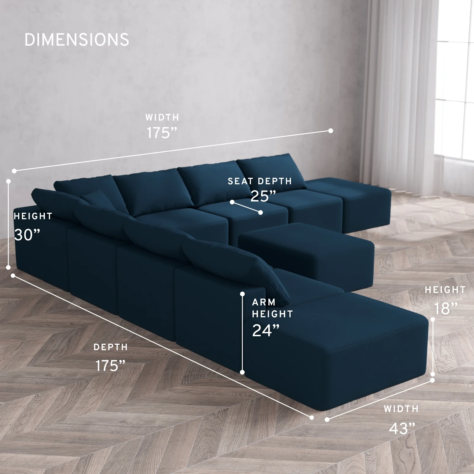 Modular Washable 9-Seater Open-Ends Corner Sectional + Chaise Ottoman Cloud Sofa | Arden Weave in Lazuli - Image 5