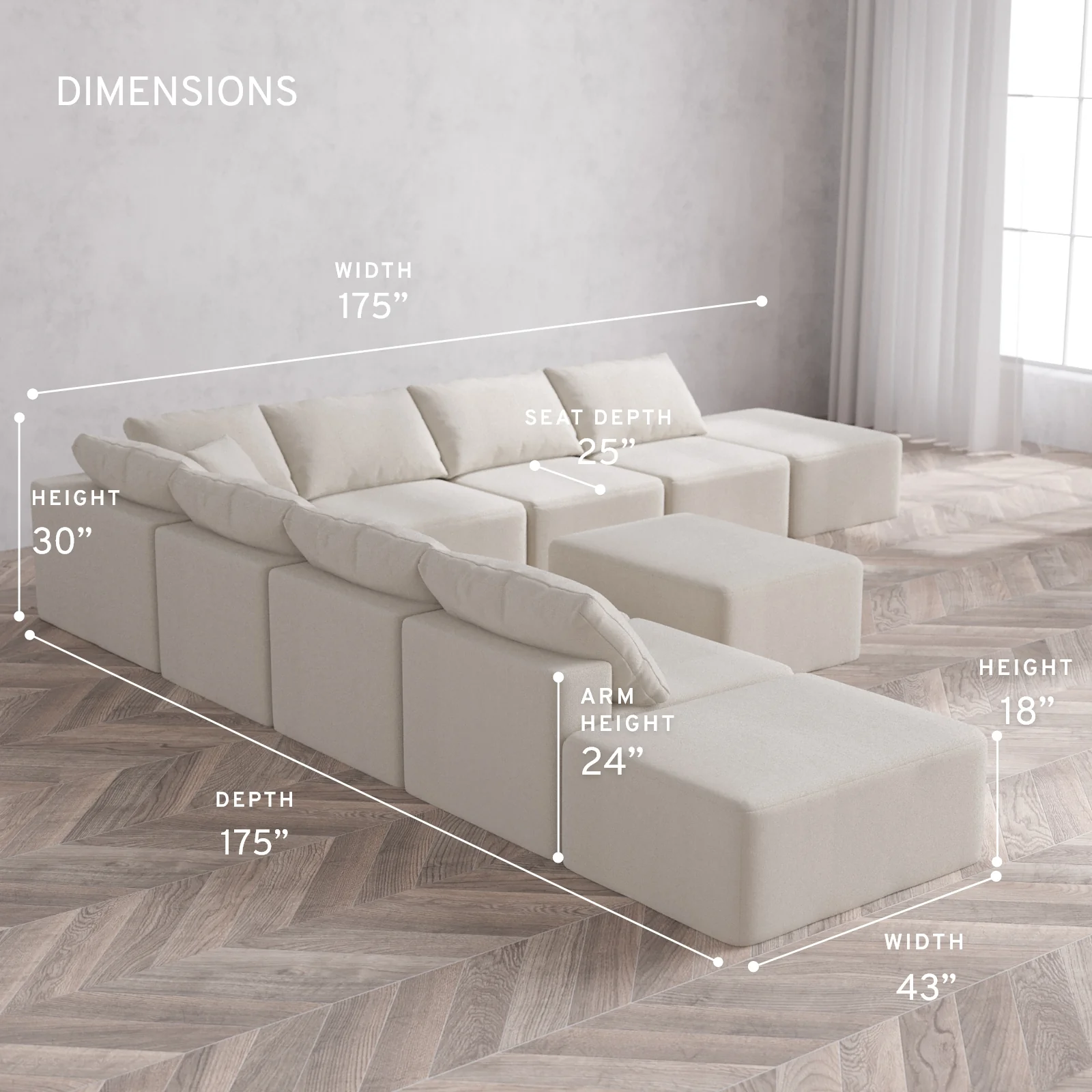 Modular Washable 9-Seater Open-Ends Corner Sectional + Chaise Ottoman Cloud Sofa | Lux Weave in Pearl - Image 5
