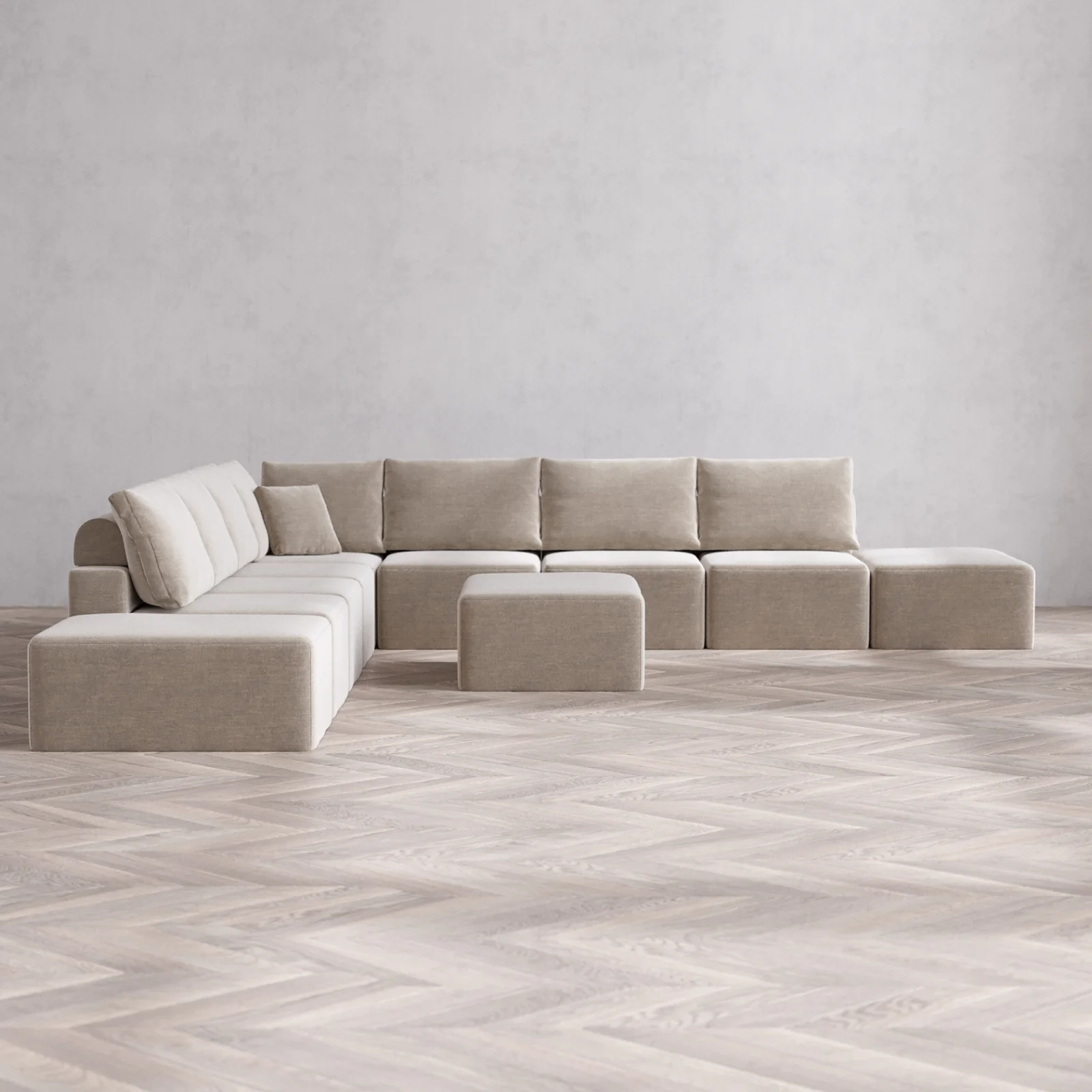 Modular Washable 9-Seater Open-Ends Corner Sectional + Chaise Ottoman Cloud + Bolster Sofa | Satin Velvet in Caraway
