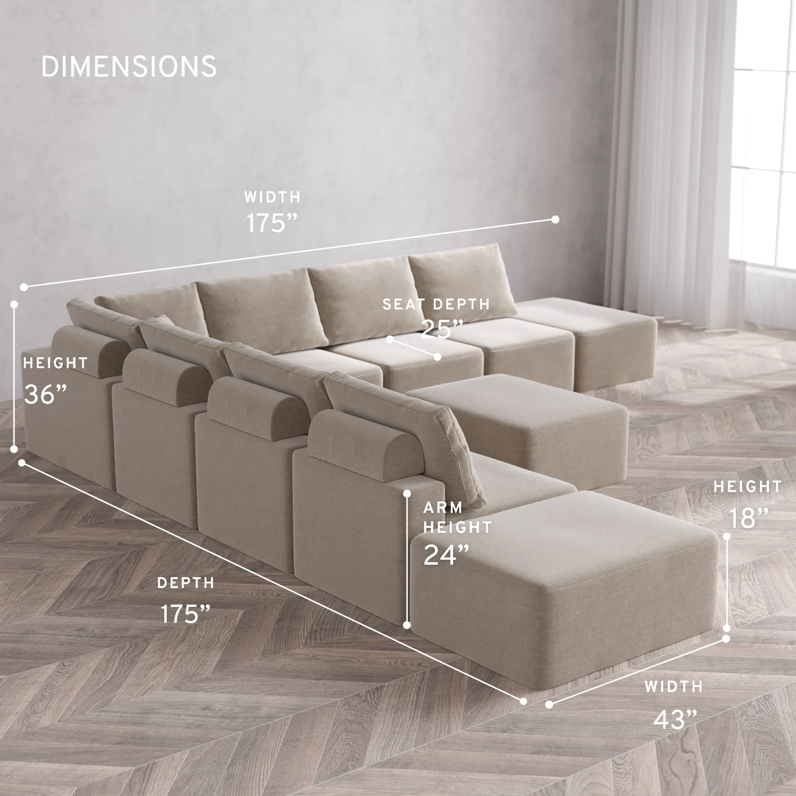 Modular Washable 9-Seater Open-Ends Corner Sectional + Chaise Ottoman Cloud + Bolster Sofa | Satin Velvet in Caraway - Image 5