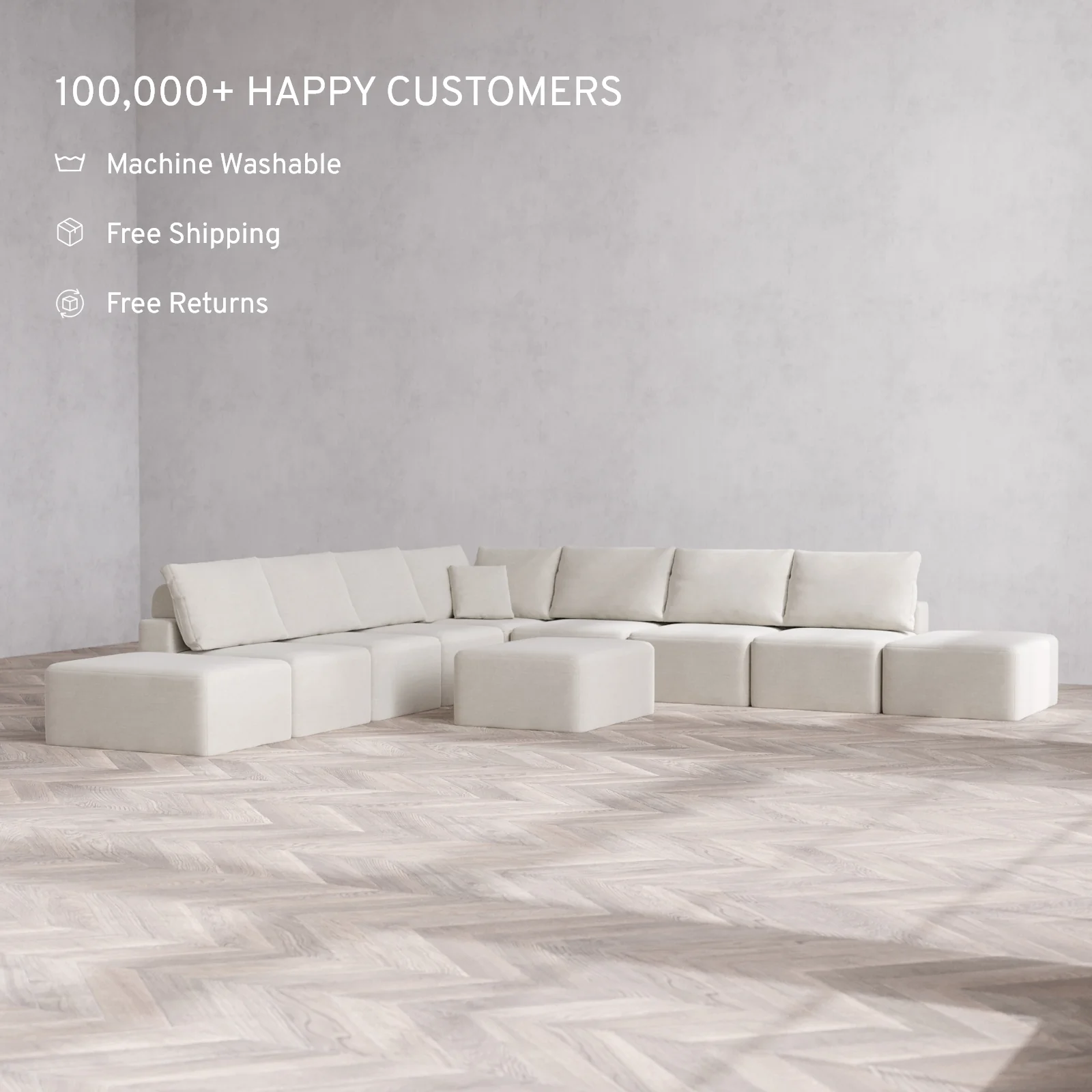 Modular Washable 9-Seater Open-Ends Corner Sectional + Chaise Ottoman Cloud + Bolster Sofa | Satin Velvet in Cashew - Image 2