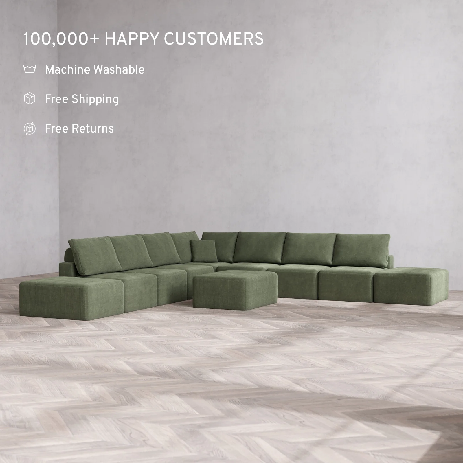 Modular Washable 9-Seater Open-Ends Corner Sectional + Chaise Ottoman Cloud + Bolster Sofa | Luxe Corduroy in Juniper - Image 2