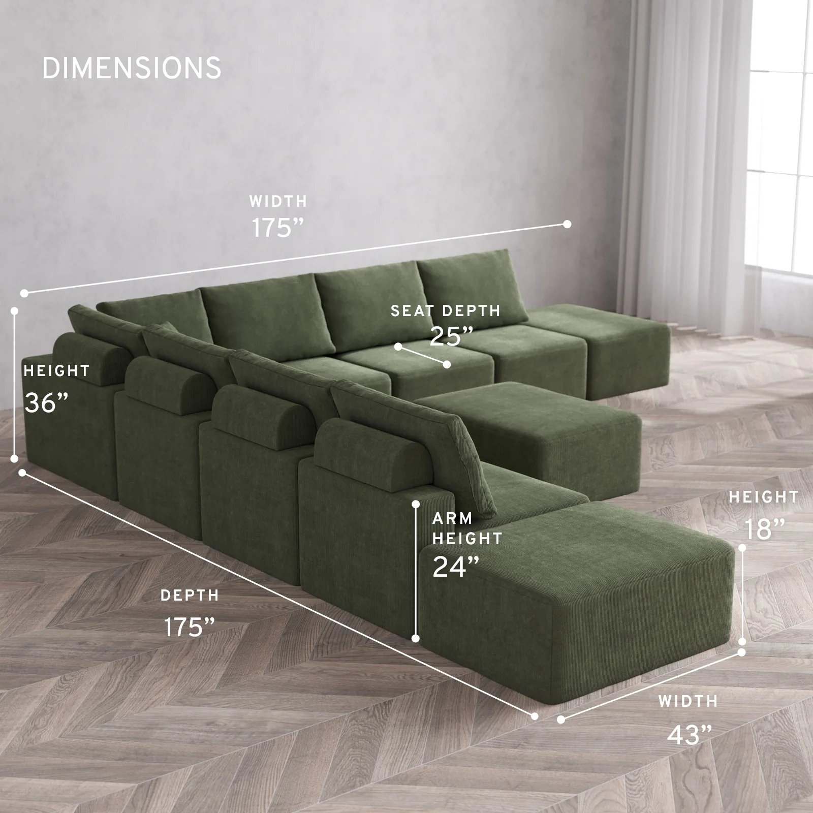 Modular Washable 9-Seater Open-Ends Corner Sectional + Chaise Ottoman Cloud + Bolster Sofa | Luxe Corduroy in Juniper - Image 5