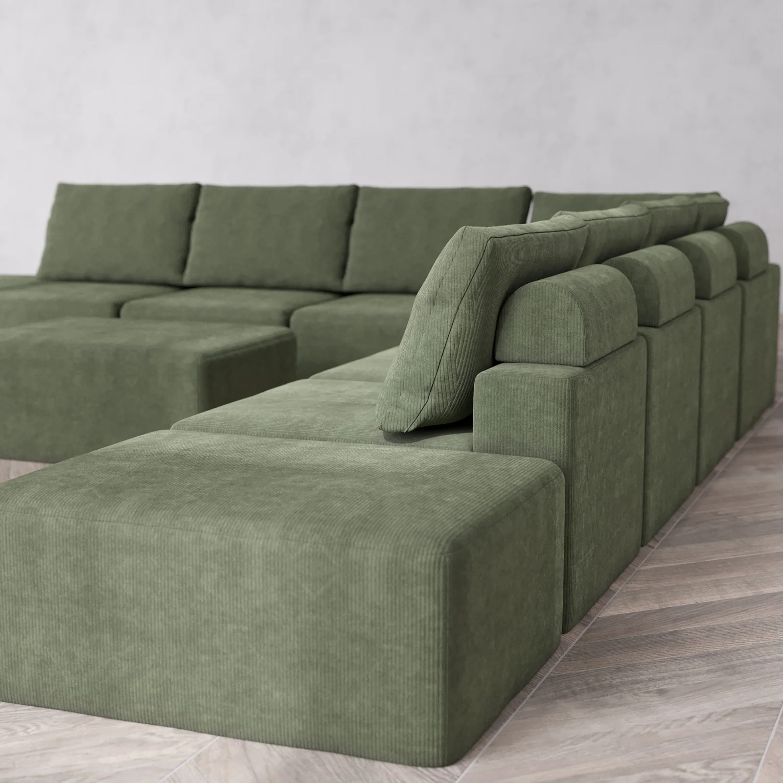 Modular Washable 9-Seater Open-Ends Corner Sectional + Chaise Ottoman Cloud + Bolster Sofa | Luxe Corduroy in Juniper - Image 6