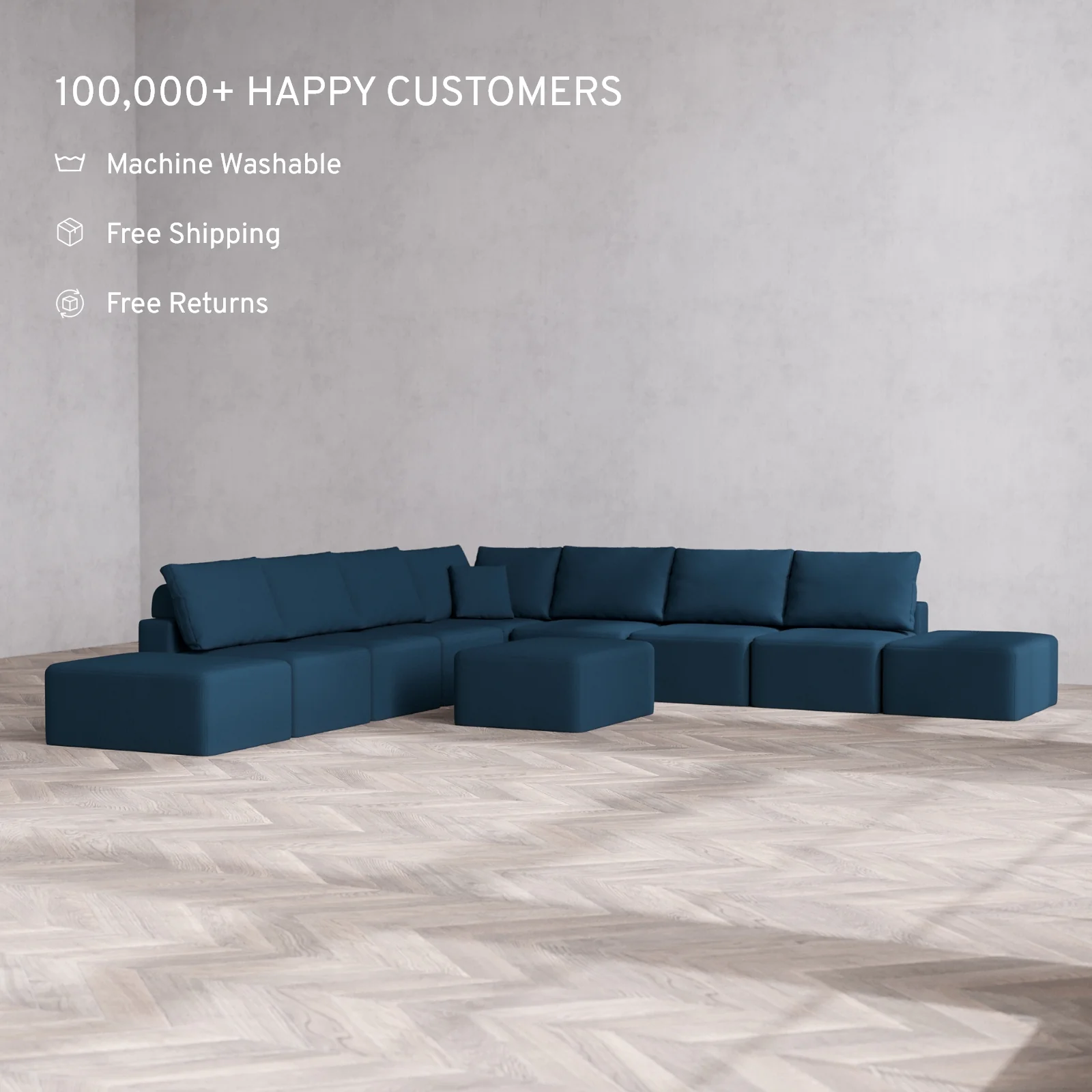 Modular Washable 9-Seater Open-Ends Corner Sectional + Chaise Ottoman Cloud + Bolster Sofa | Arden Weave in Lazuli - Image 2
