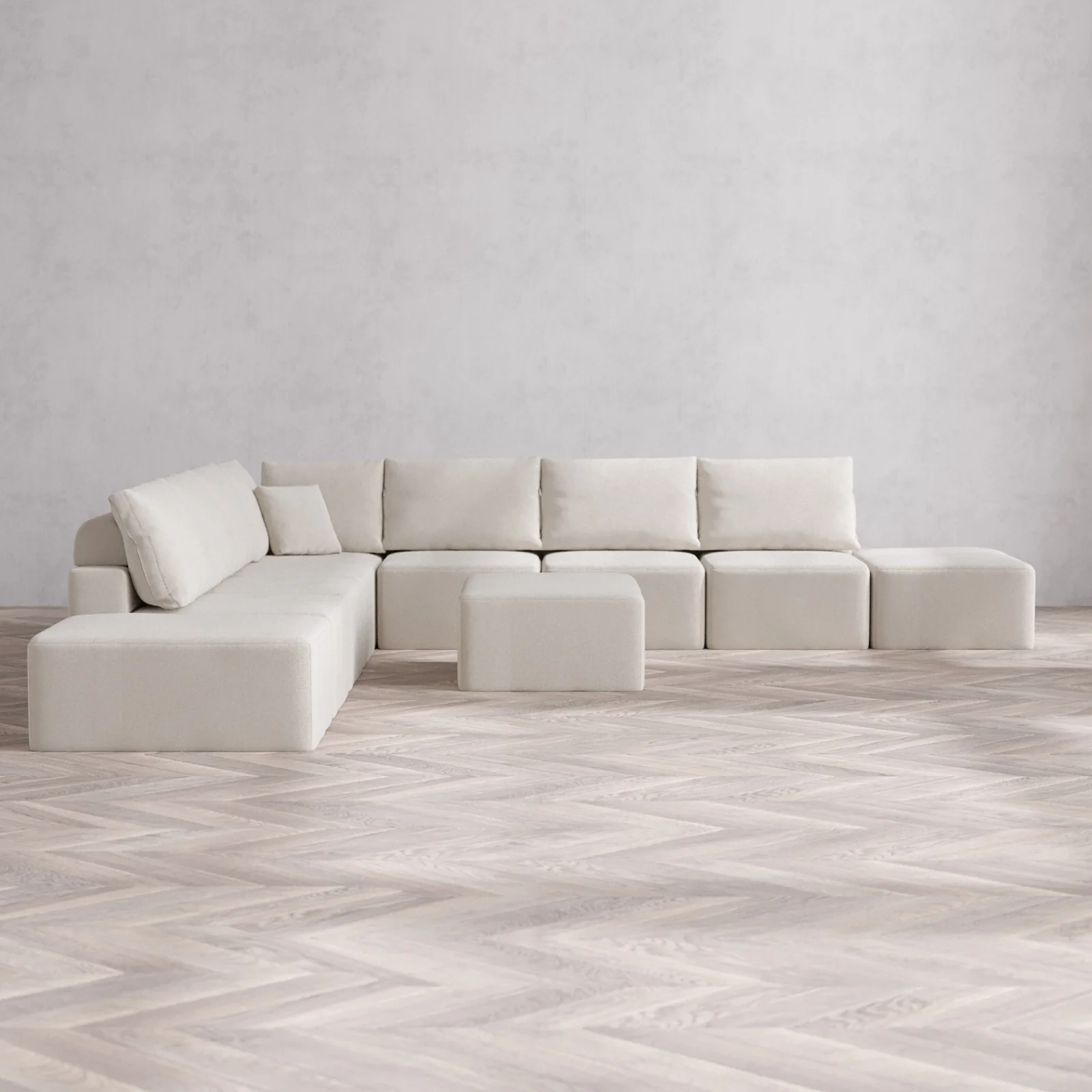 Modular Washable 9-Seater Open-Ends Corner Sectional + Chaise Ottoman Cloud + Bolster Sofa | Lux Weave in Pearl