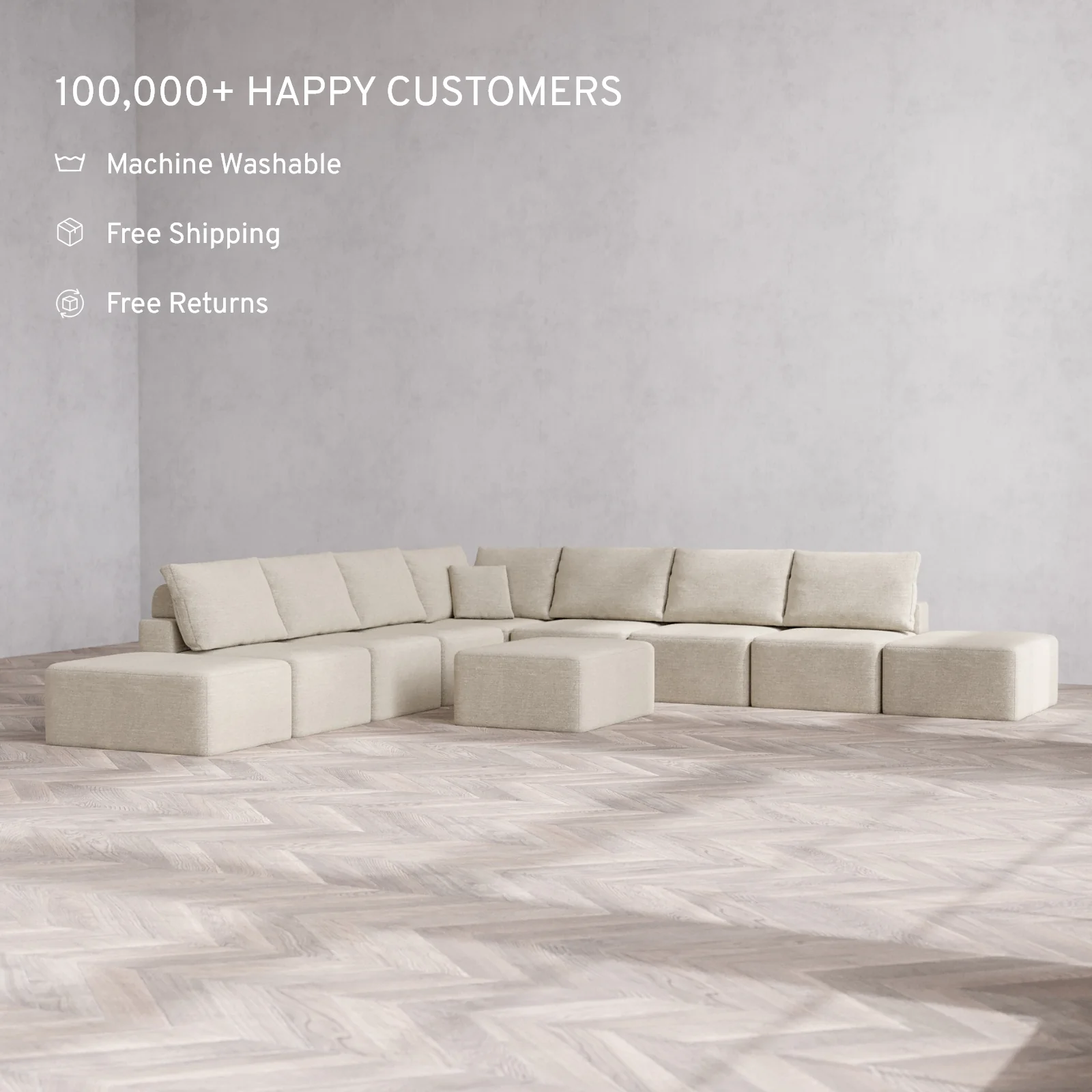 Modular Washable 9-Seater Open-Ends Corner Sectional + Chaise Ottoman Cloud + Bolster Sofa | Plush Twill in Sandstone - Image 2