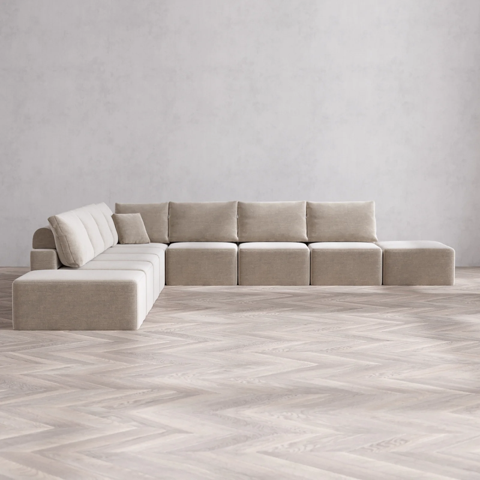 Modular Washable 9-Seater Open-Ends Corner Sectional Cloud + Bolster Sofa | Satin Velvet in Caraway