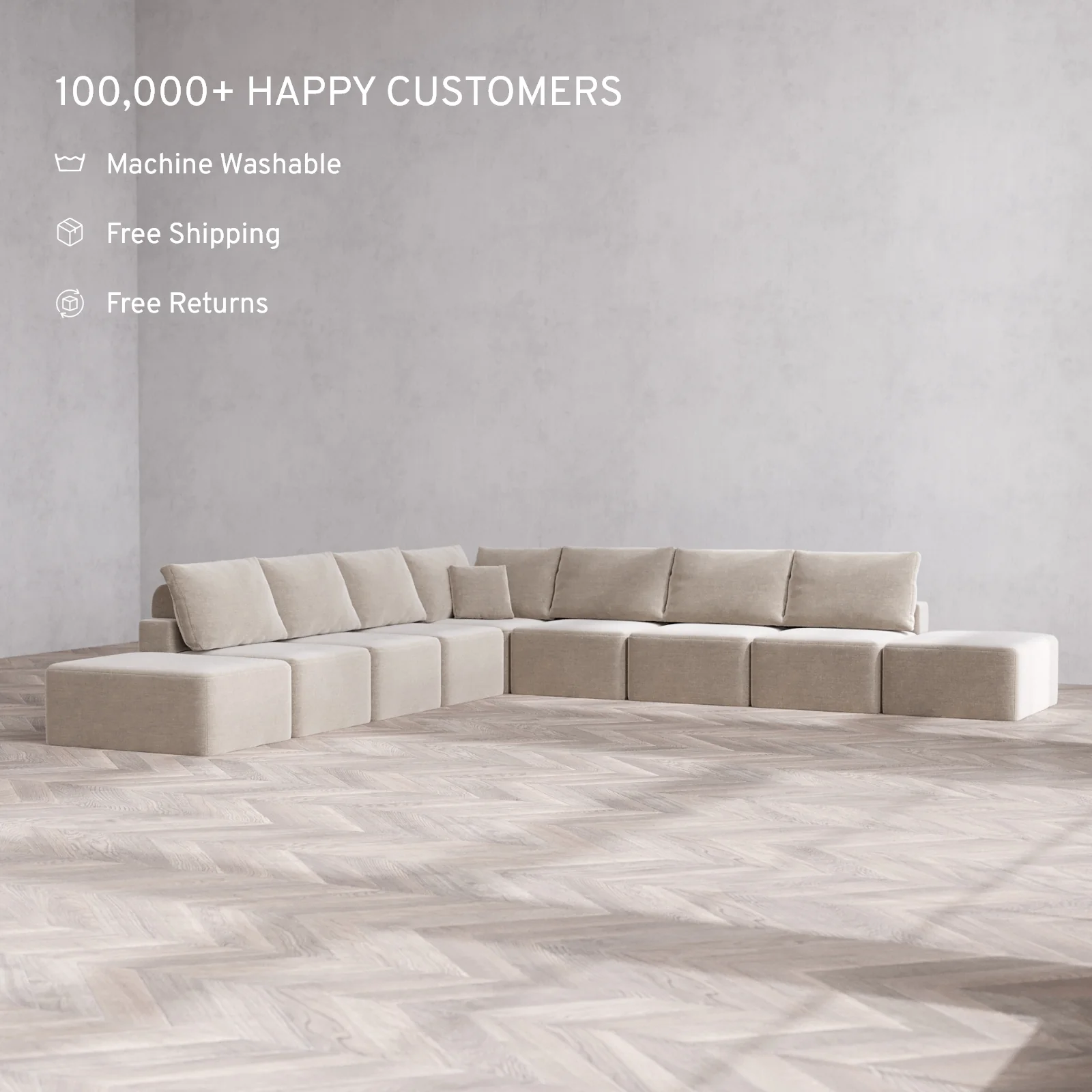 Modular Washable 9-Seater Open-Ends Corner Sectional Cloud + Bolster Sofa | Satin Velvet in Caraway - Image 2