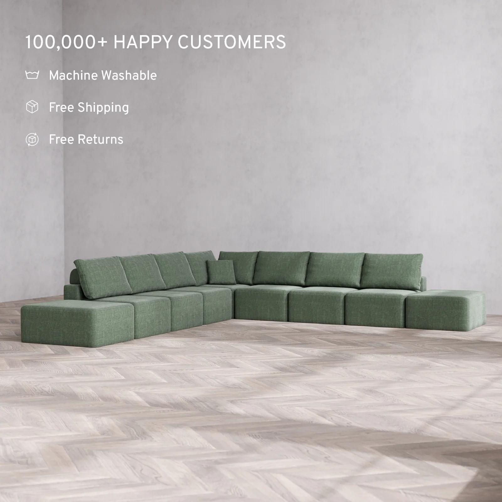 Modular Washable 9-Seater Open-Ends Corner Sectional Cloud + Bolster Sofa | Heirloom Velvet in Sage - Image 2