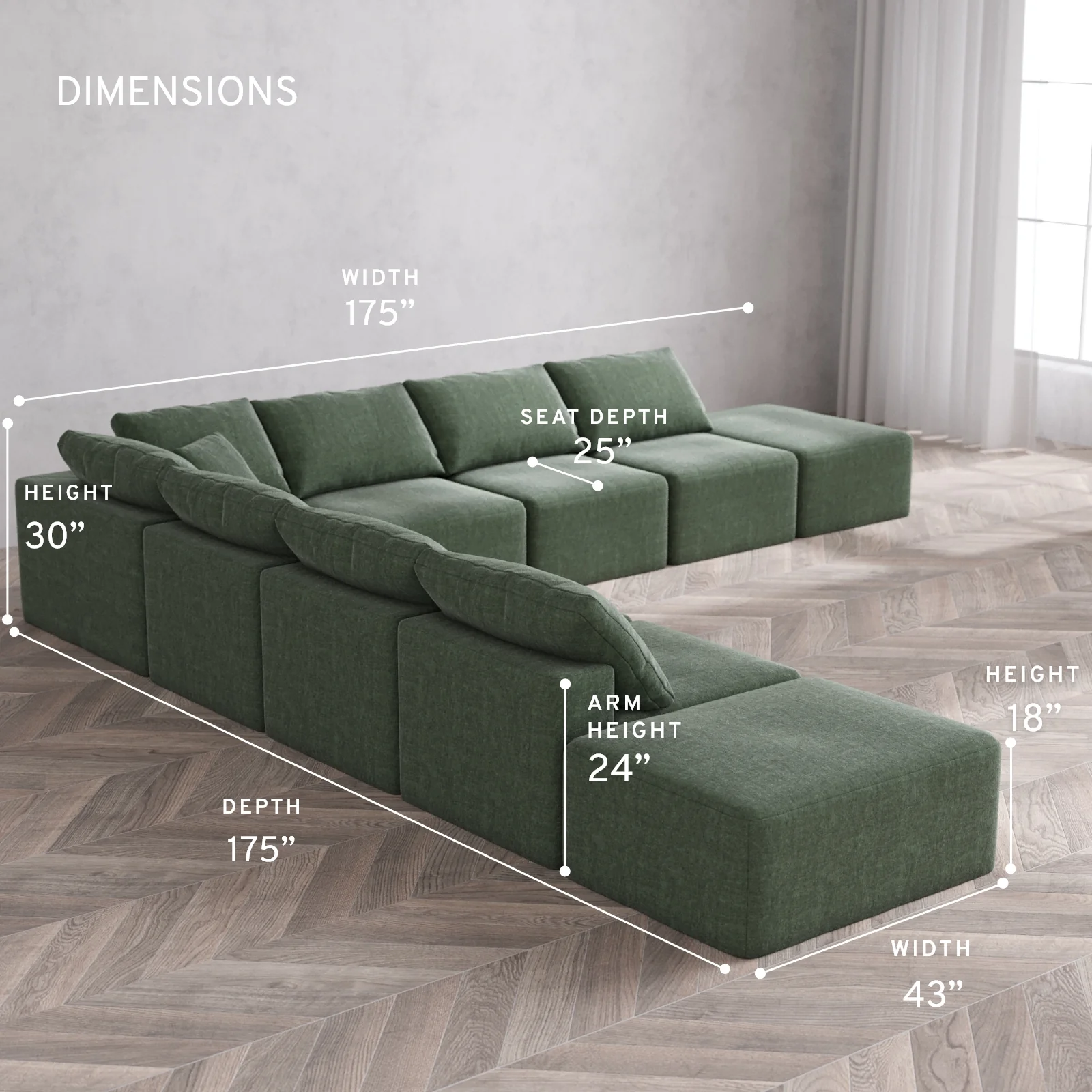Modular Washable 9-Seater Open-Ends Corner Sectional Cloud Sofa | Heirloom Velvet in Sage - Image 5