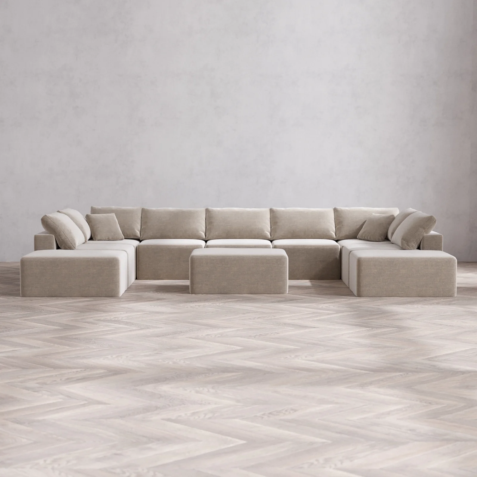 Modular Washable 9-Seater Open-Ends U Sectional + Chaise Ottoman Cloud Sofa | Satin Velvet in Caraway