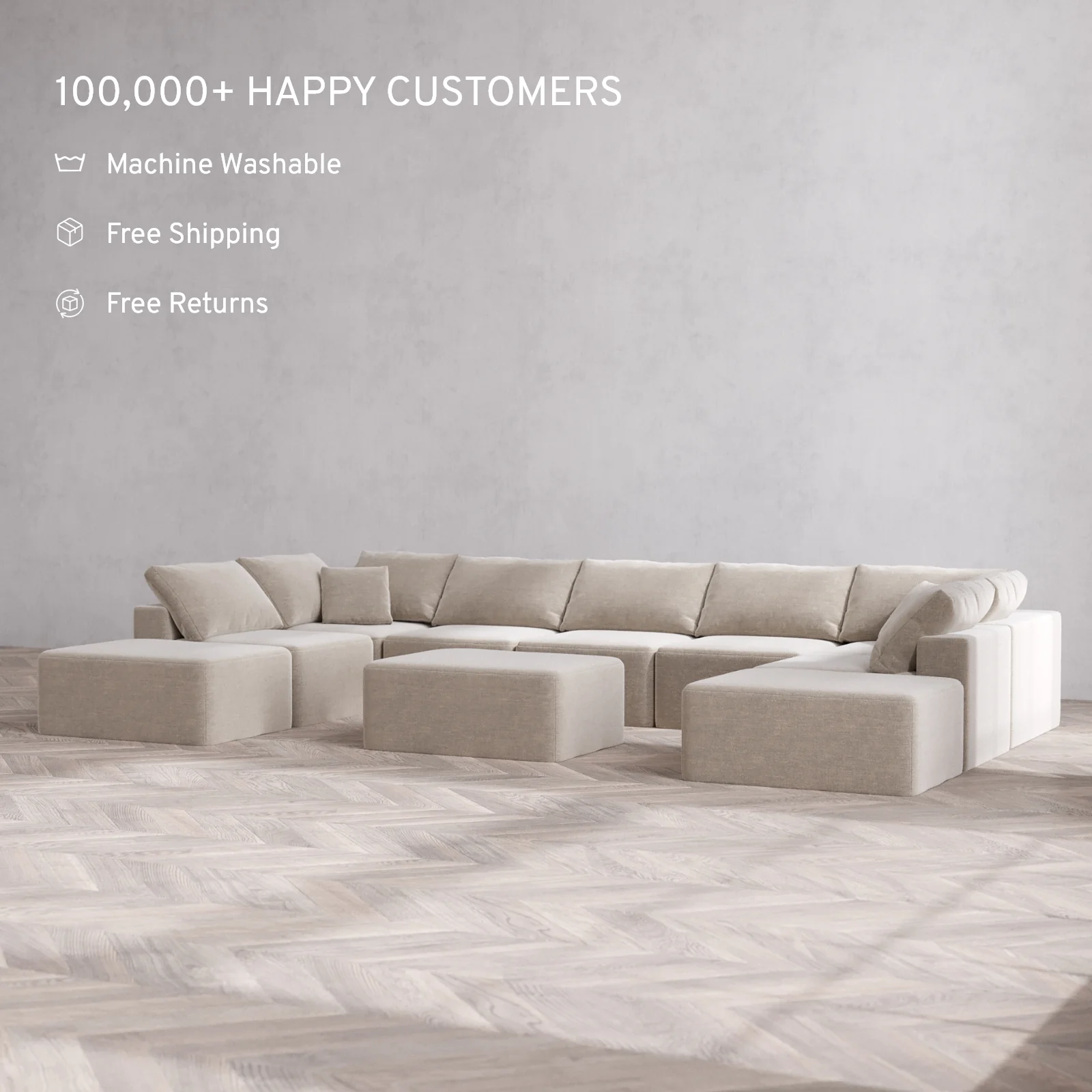 Modular Washable 9-Seater Open-Ends U Sectional + Chaise Ottoman Cloud Sofa | Satin Velvet in Caraway - Image 2