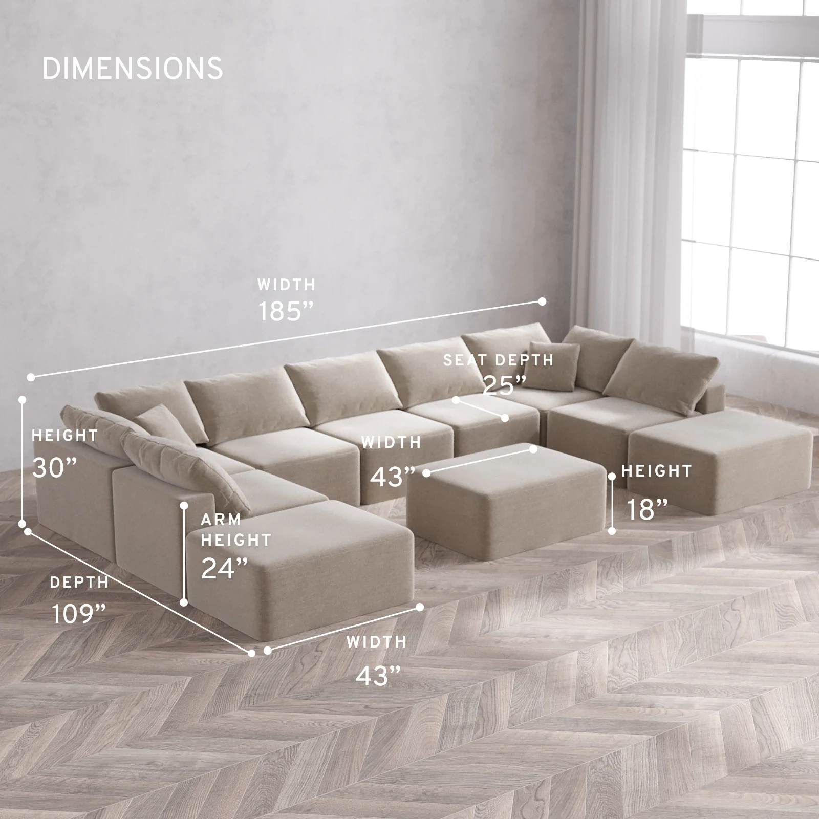 Modular Washable 9-Seater Open-Ends U Sectional + Chaise Ottoman Cloud Sofa | Satin Velvet in Caraway - Image 5