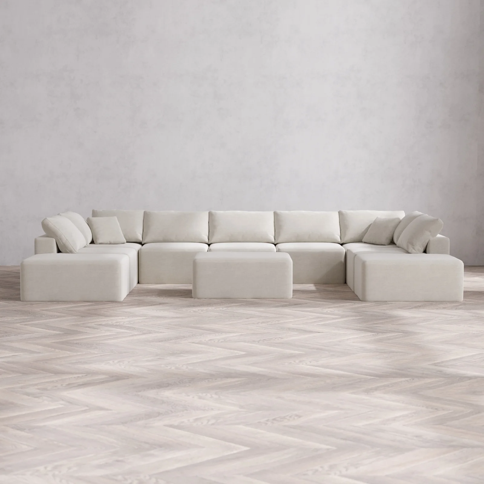 Modular Washable 9-Seater Open-Ends U Sectional + Chaise Ottoman Cloud Sofa | Satin Velvet in Cashew
