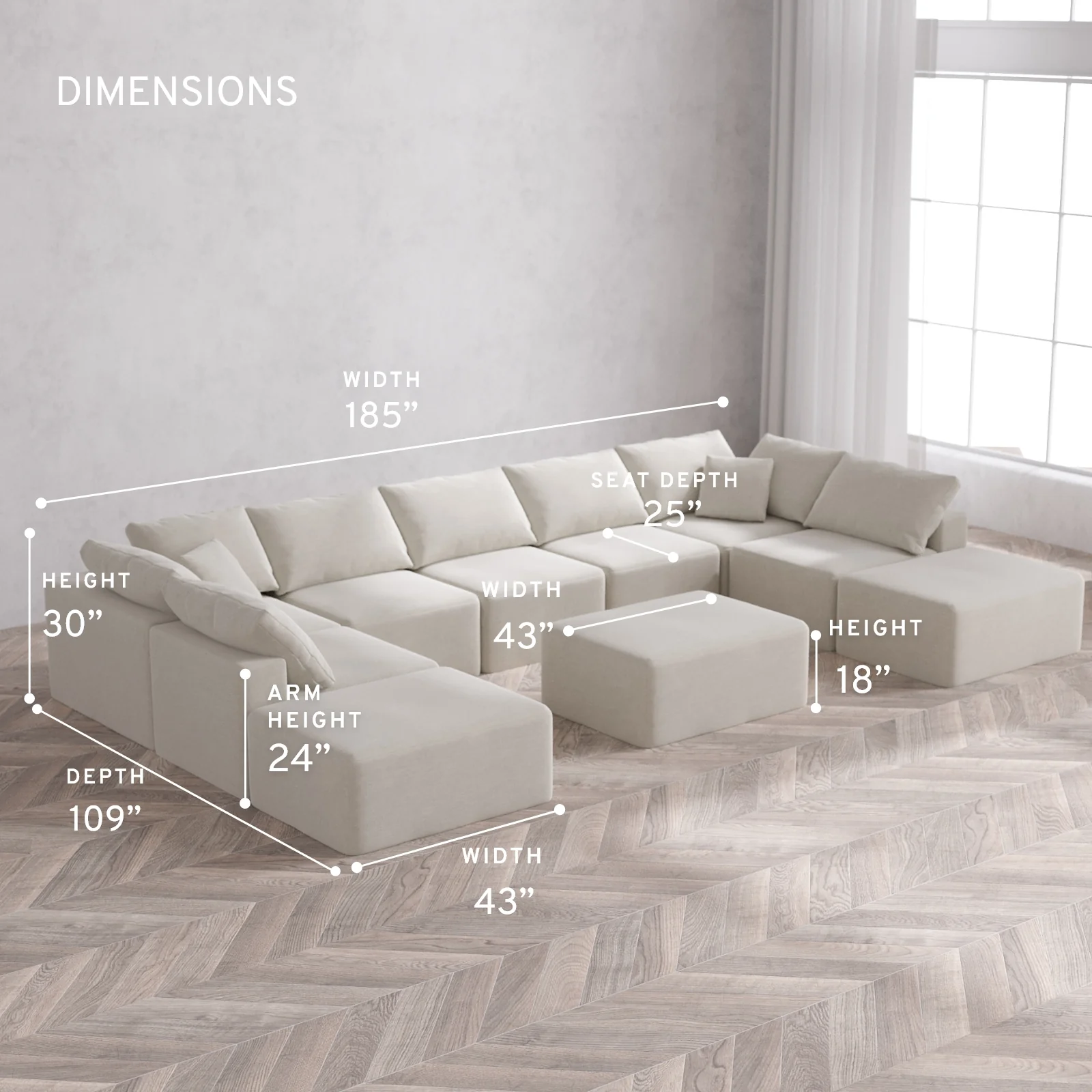 Modular Washable 9-Seater Open-Ends U Sectional + Chaise Ottoman Cloud Sofa | Satin Velvet in Cashew - Image 5