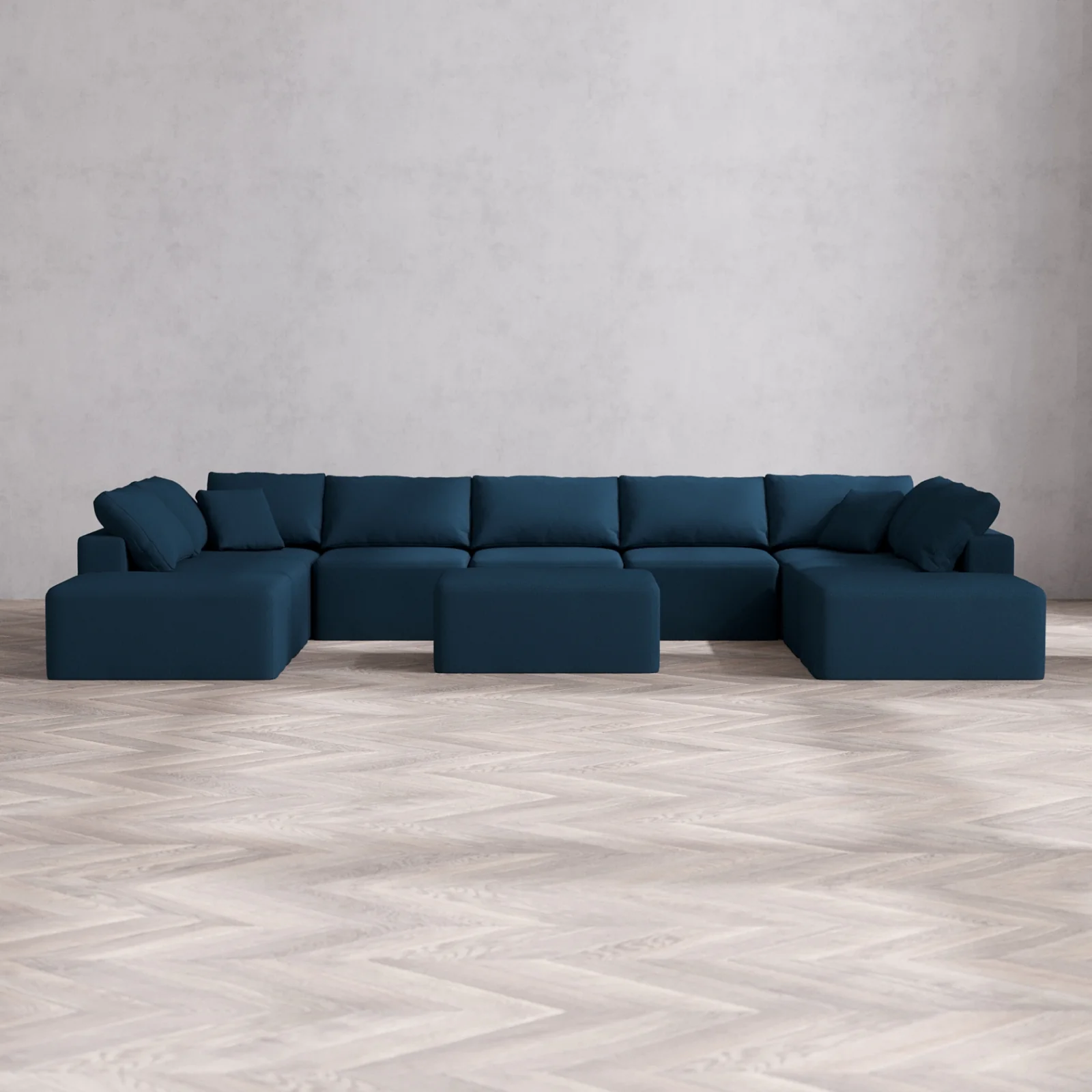Modular Washable 9-Seater Open-Ends U Sectional + Chaise Ottoman Cloud Sofa | Arden Weave in Lazuli