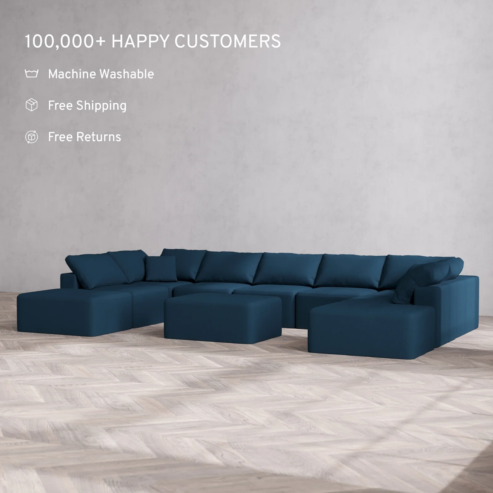 Modular Washable 9-Seater Open-Ends U Sectional + Chaise Ottoman Cloud Sofa | Arden Weave in Lazuli - Image 2