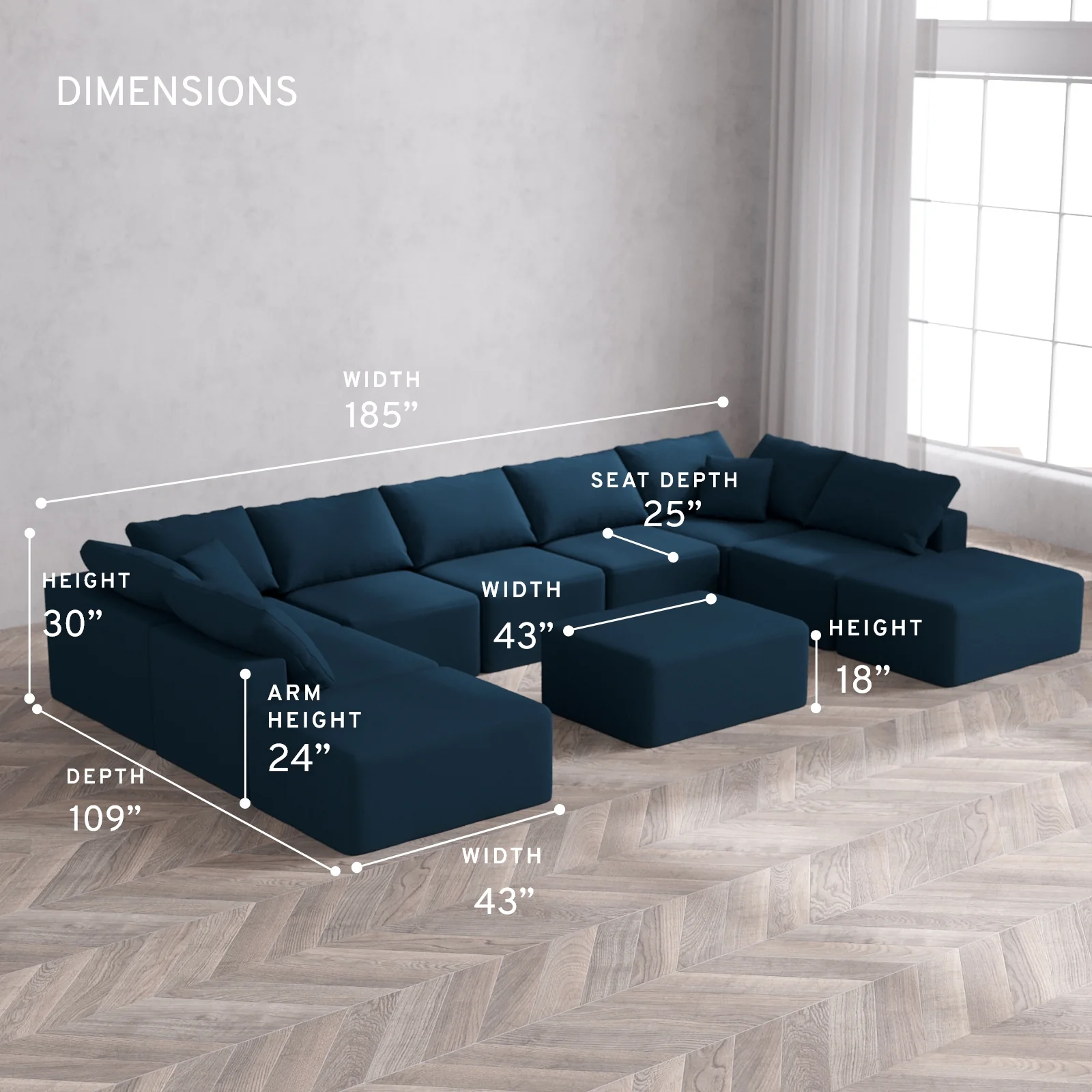 Modular Washable 9-Seater Open-Ends U Sectional + Chaise Ottoman Cloud Sofa | Arden Weave in Lazuli - Image 5