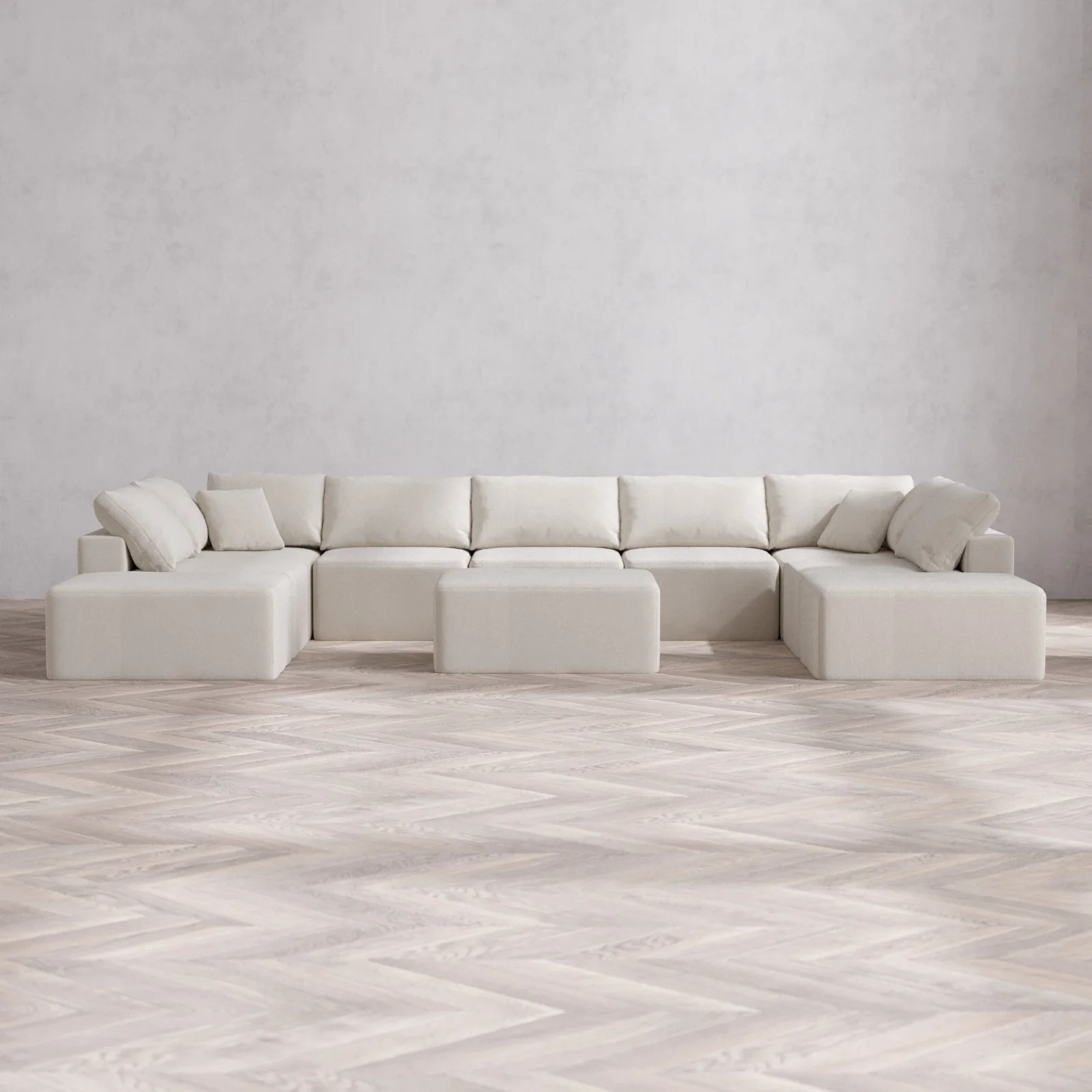 Modular Washable 9-Seater Open-Ends U Sectional + Chaise Ottoman Cloud Sofa | Lux Weave in Pearl