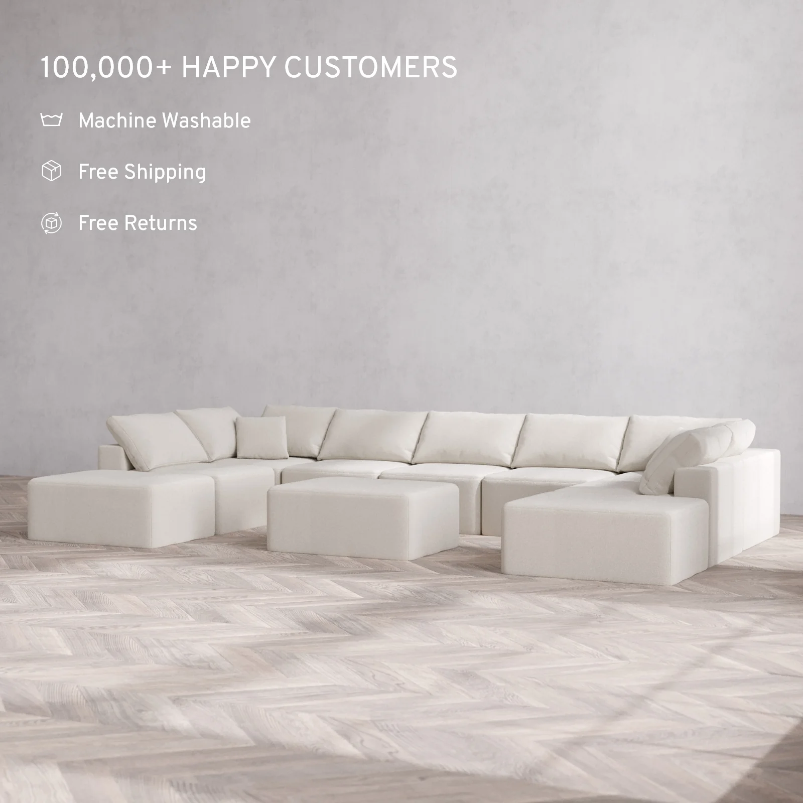 Modular Washable 9-Seater Open-Ends U Sectional + Chaise Ottoman Cloud Sofa | Lux Weave in Pearl - Image 2