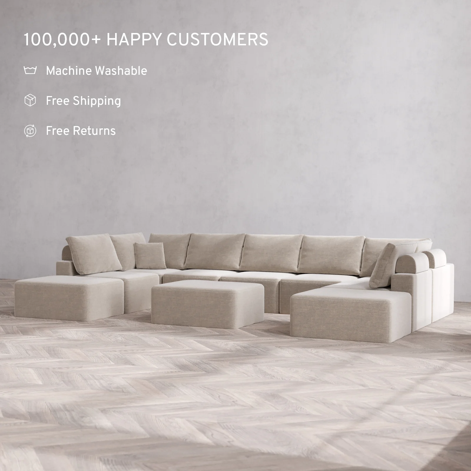 Modular Washable 9-Seater Open-Ends U Sectional + Chaise Ottoman Cloud + Bolster Sofa | Satin Velvet in Caraway - Image 2