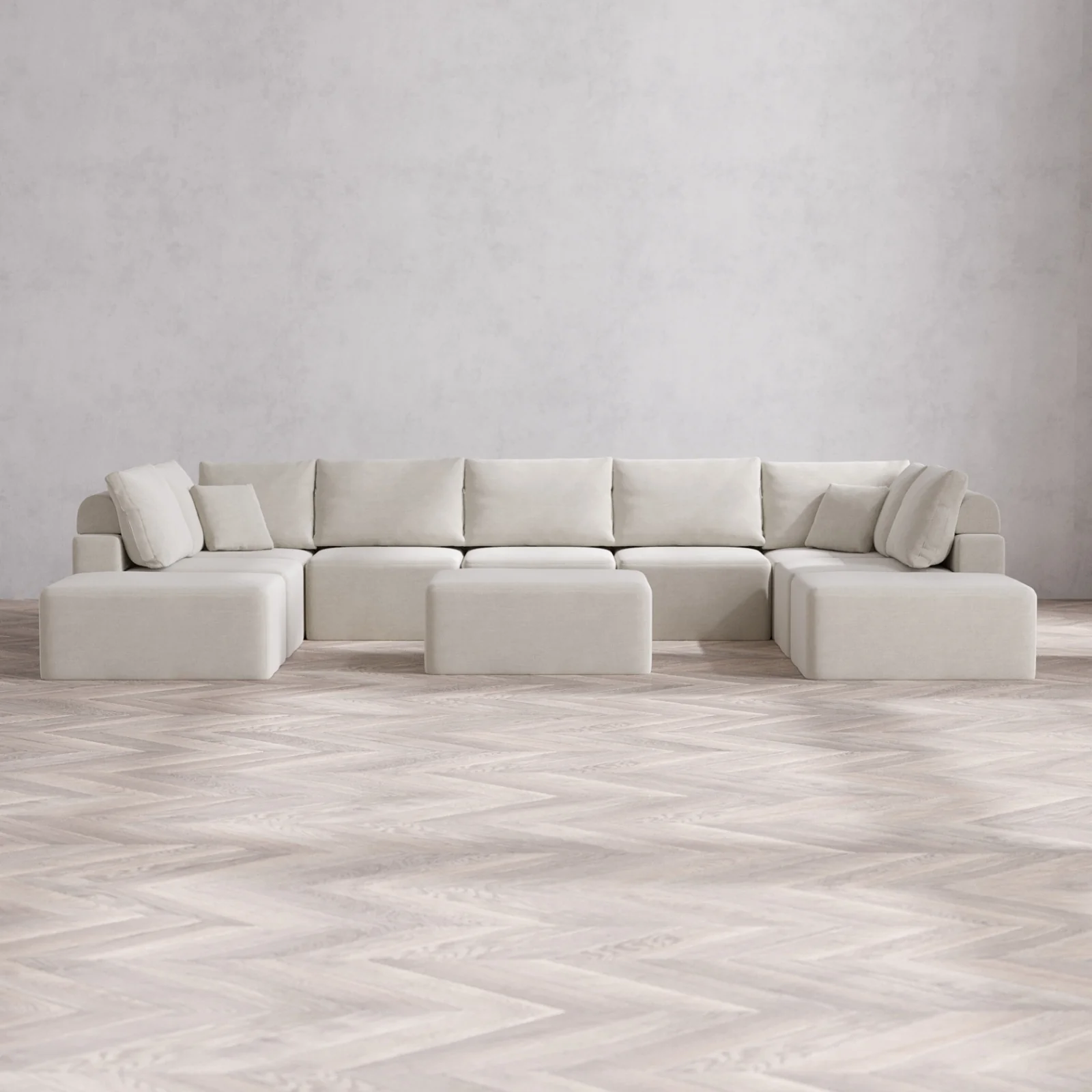 Modular Washable 9-Seater Open-Ends U Sectional + Chaise Ottoman Cloud + Bolster Sofa | Satin Velvet in Cashew