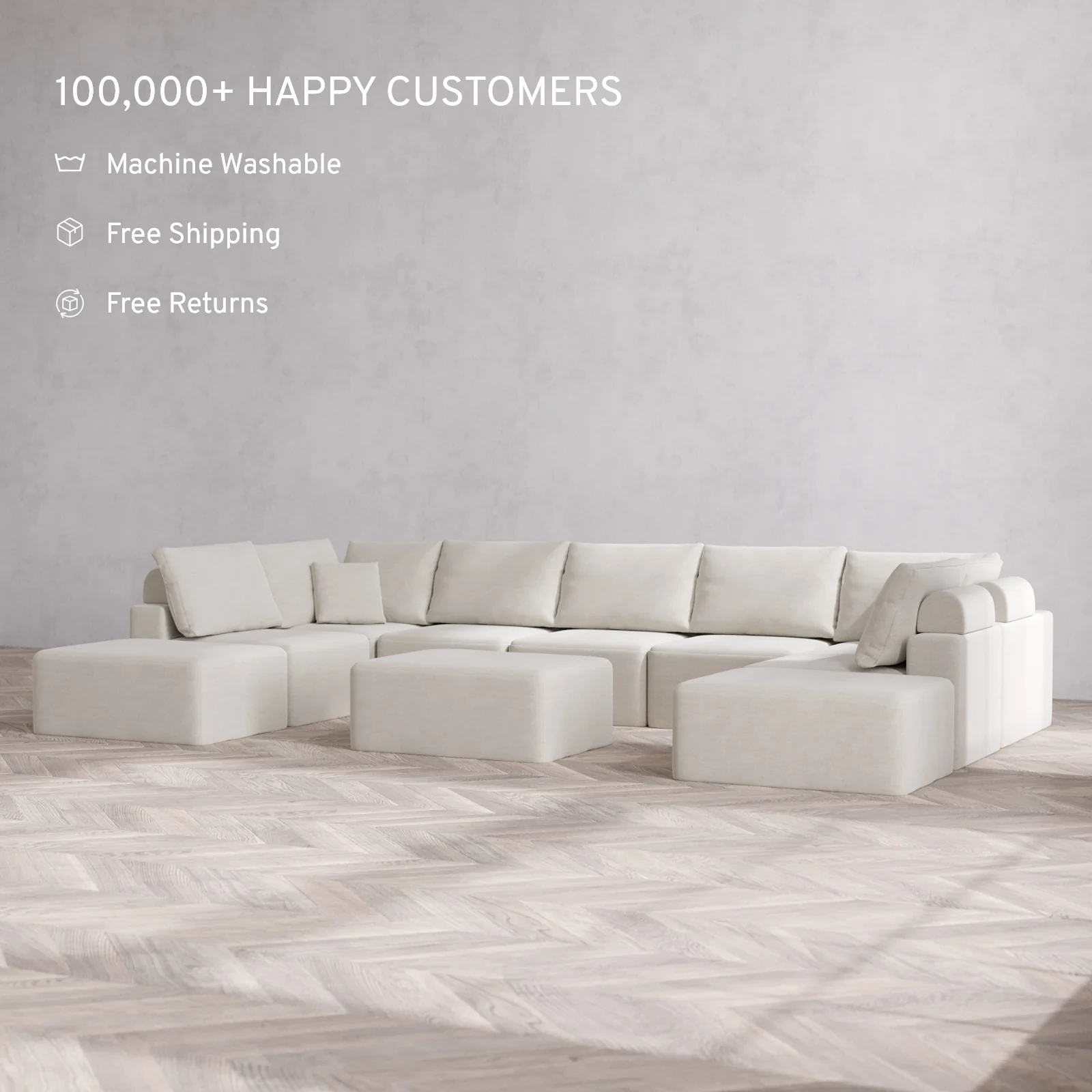 Modular Washable 9-Seater Open-Ends U Sectional + Chaise Ottoman Cloud + Bolster Sofa | Satin Velvet in Cashew - Image 2