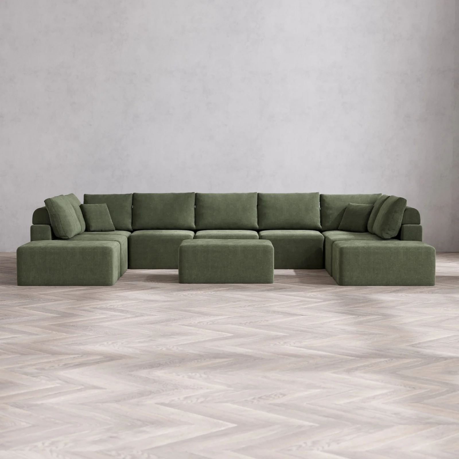 Modular Washable 9-Seater Open-Ends U Sectional + Chaise Ottoman Cloud + Bolster Sofa | Luxe Corduroy in Juniper