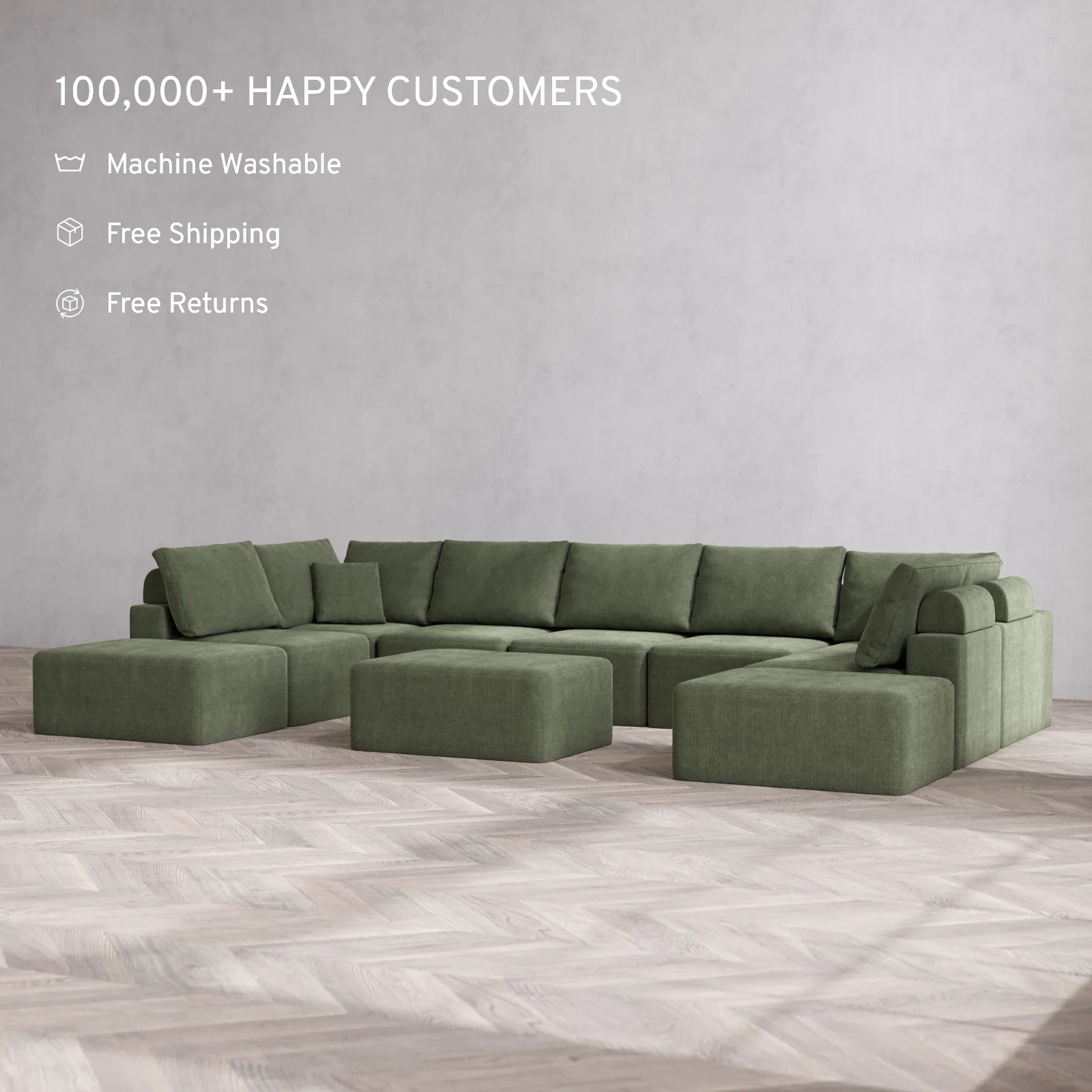 Modular Washable 9-Seater Open-Ends U Sectional + Chaise Ottoman Cloud + Bolster Sofa | Luxe Corduroy in Juniper - Image 2