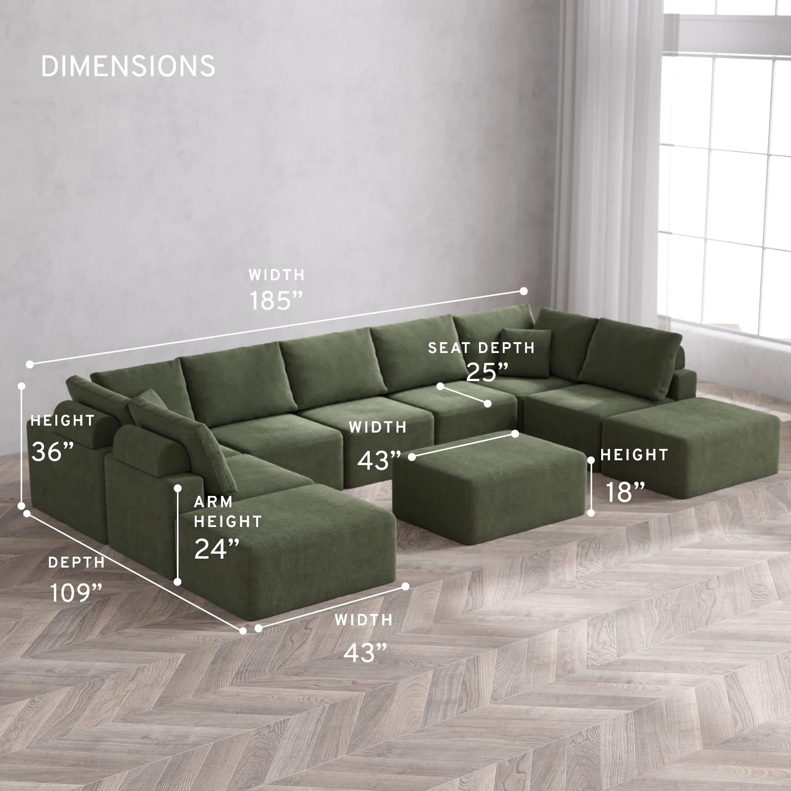 Modular Washable 9-Seater Open-Ends U Sectional + Chaise Ottoman Cloud + Bolster Sofa | Luxe Corduroy in Juniper - Image 5