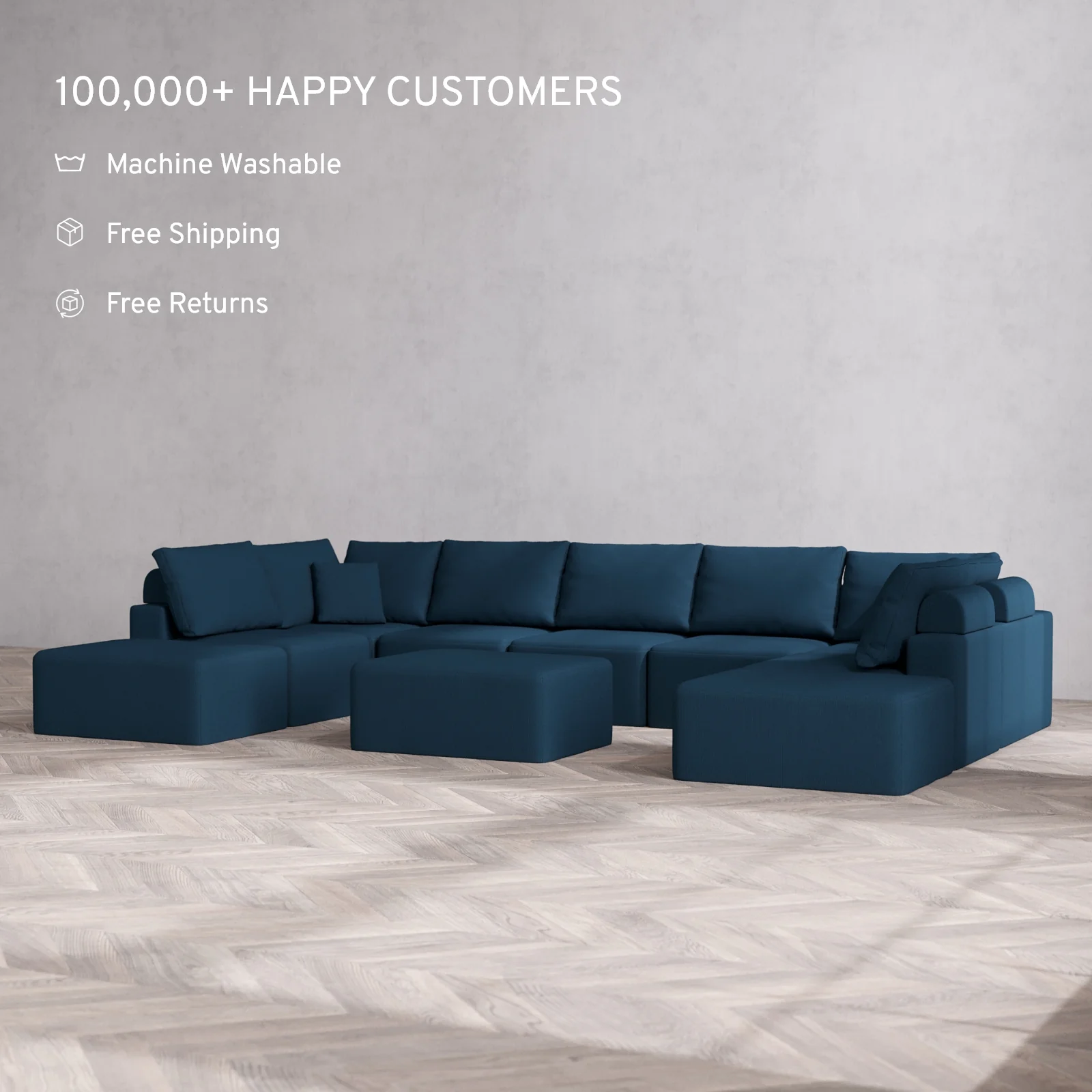 Modular Washable 9-Seater Open-Ends U Sectional + Chaise Ottoman Cloud + Bolster Sofa | Arden Weave in Lazuli - Image 2